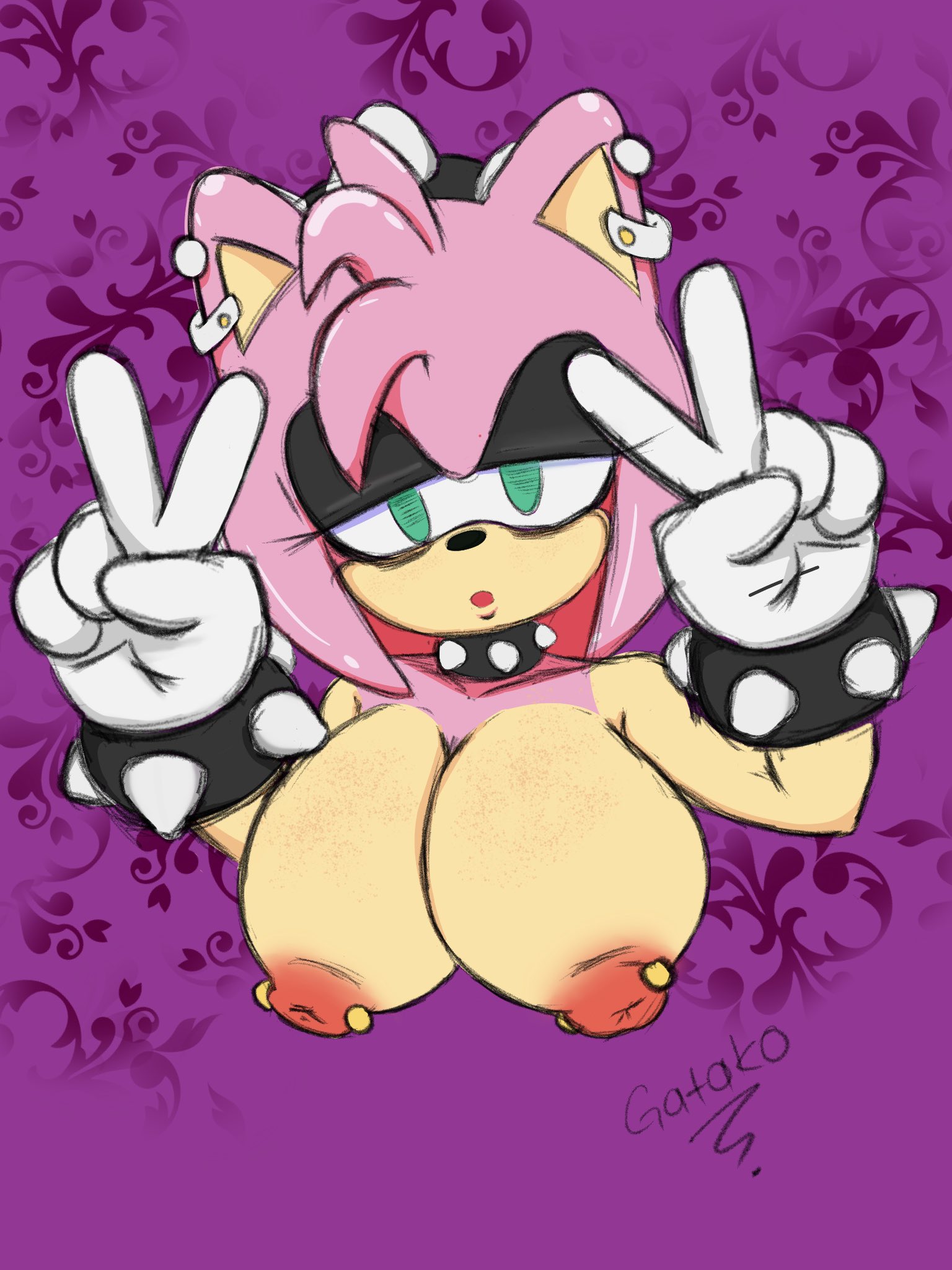 1girls, amy rose, big breasts, breasts, ear piercing, eyeshadow, female, furry, gatako, goth, nipple piercing, nipples, piercing, sega, sonic (series), spiked bracelet, spiked collar
