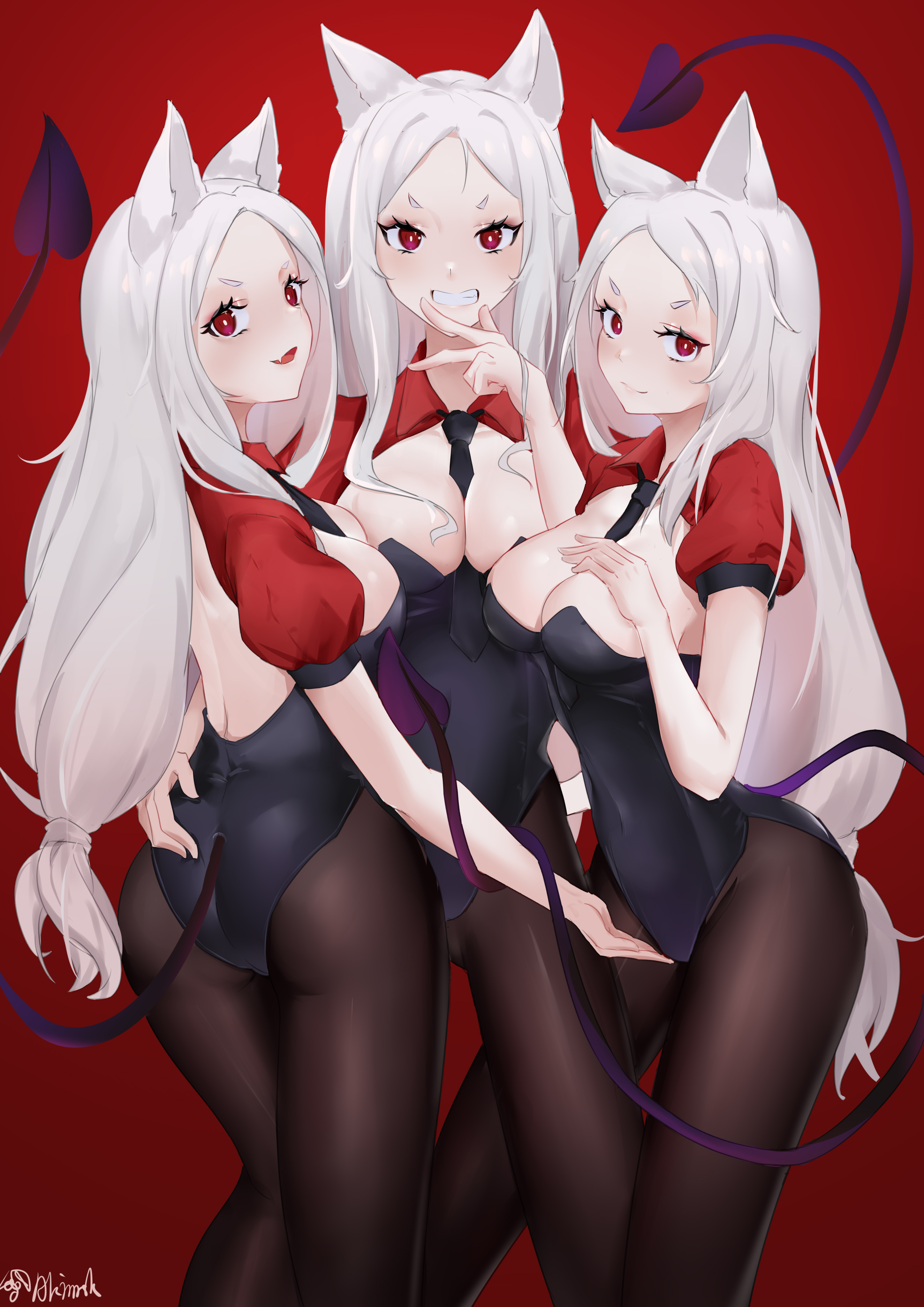 3girls, bunnysuit, cerberus (helltaker), demon, demon tail, dog ears, female, female only, helltaker, pantyhose, red eyes, tagme, white hair, 秋紫akimurasaki