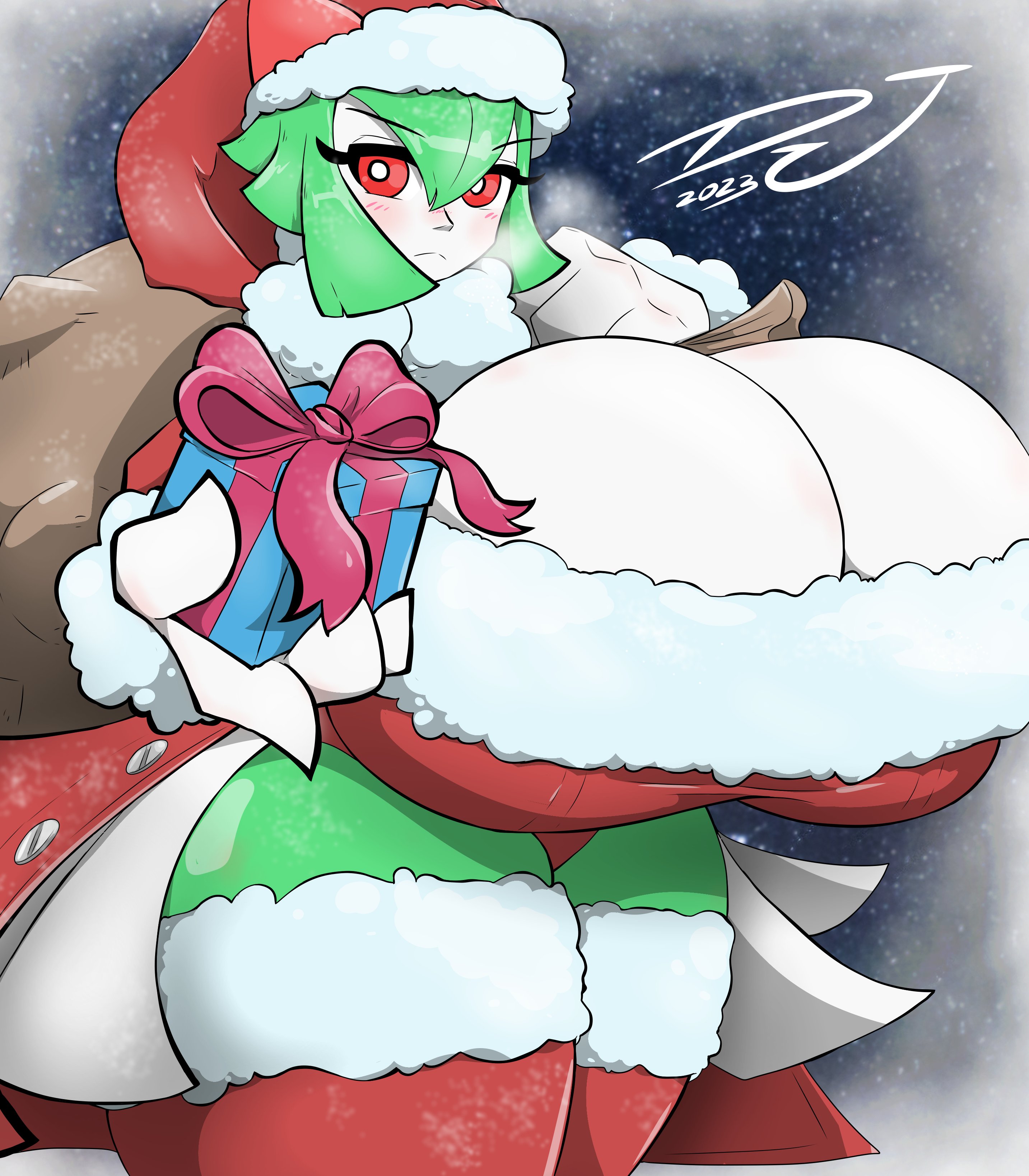 1girls, ass, big ass, boob window, breasts, breasts bigger than head, christmas, cleavage, clothed, curvy, djthepokemen, female, female only, gift, green hair, huge ass, huge breasts, huge thighs, hyper breasts, kirlia, large breasts, light skin, nintendo, pokémon (species), pokemon, pokemon (species), red eyes, santa costume, santa hat, short hair, shortstack, sideass