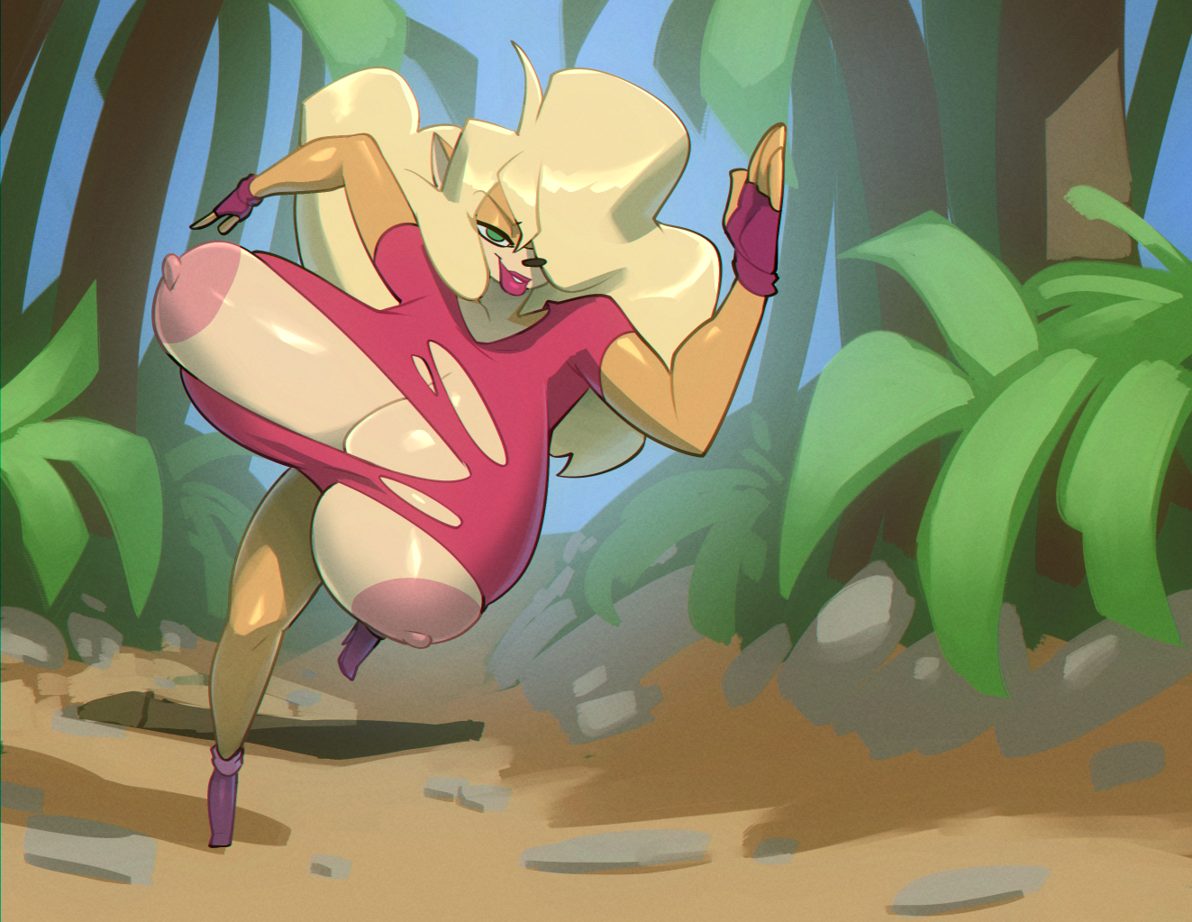 alternate breast size, anthro, areola, bandicoot, bigdad, biped, blonde hair, breasts, breasts bigger than head, clothing, crash (series), detailed background, female, furry, furry only, green eyes, hair, huge breasts, mammal, marsupial, nipples, solo, tawna bandicoot, wardrobe malfunction