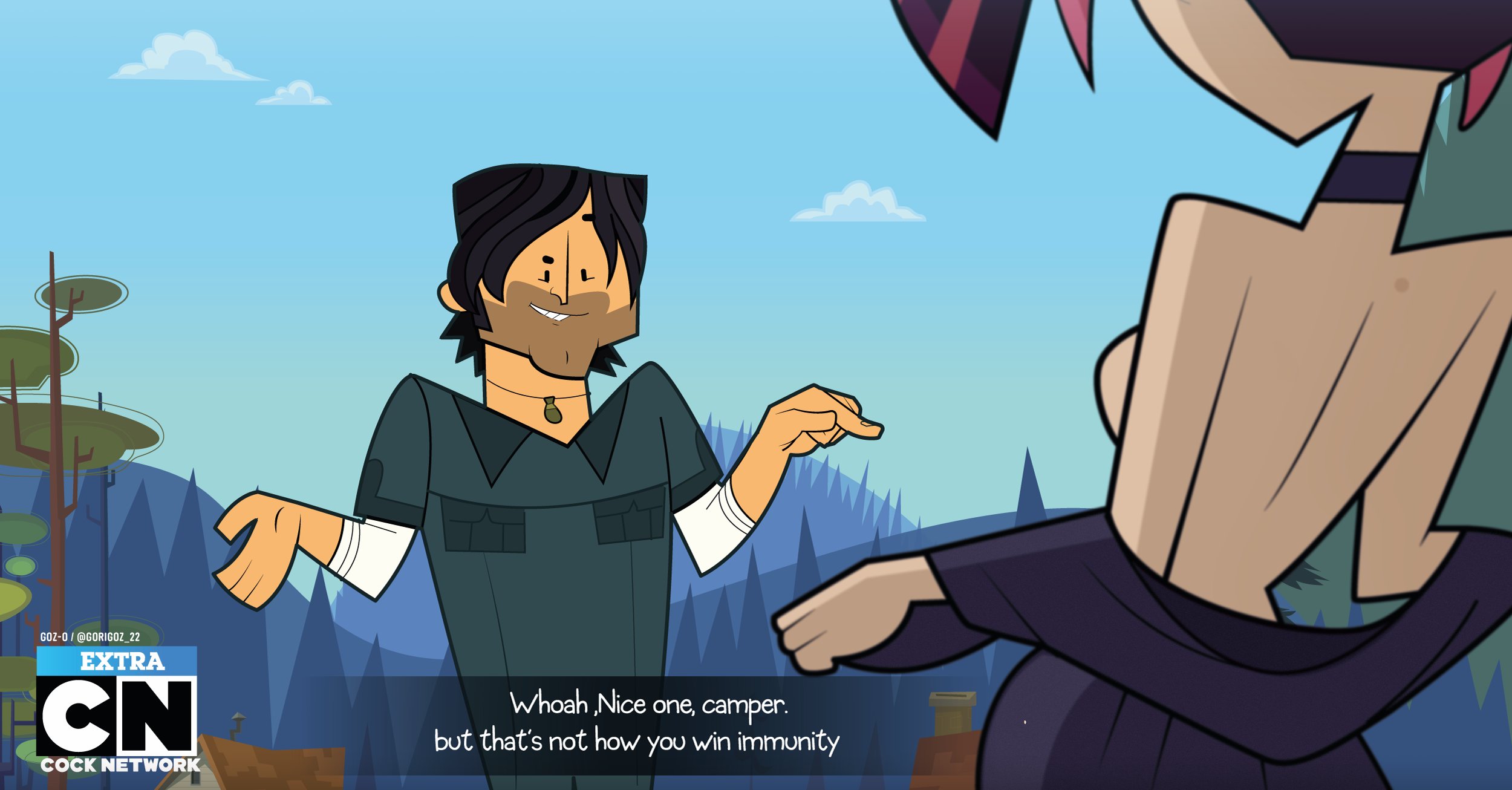 breasts, chris mclean, female, flashing, flashing breasts, gosgoz, male, pervert, scary girl (tdi), sideboob, total drama island, total drama island (2023)