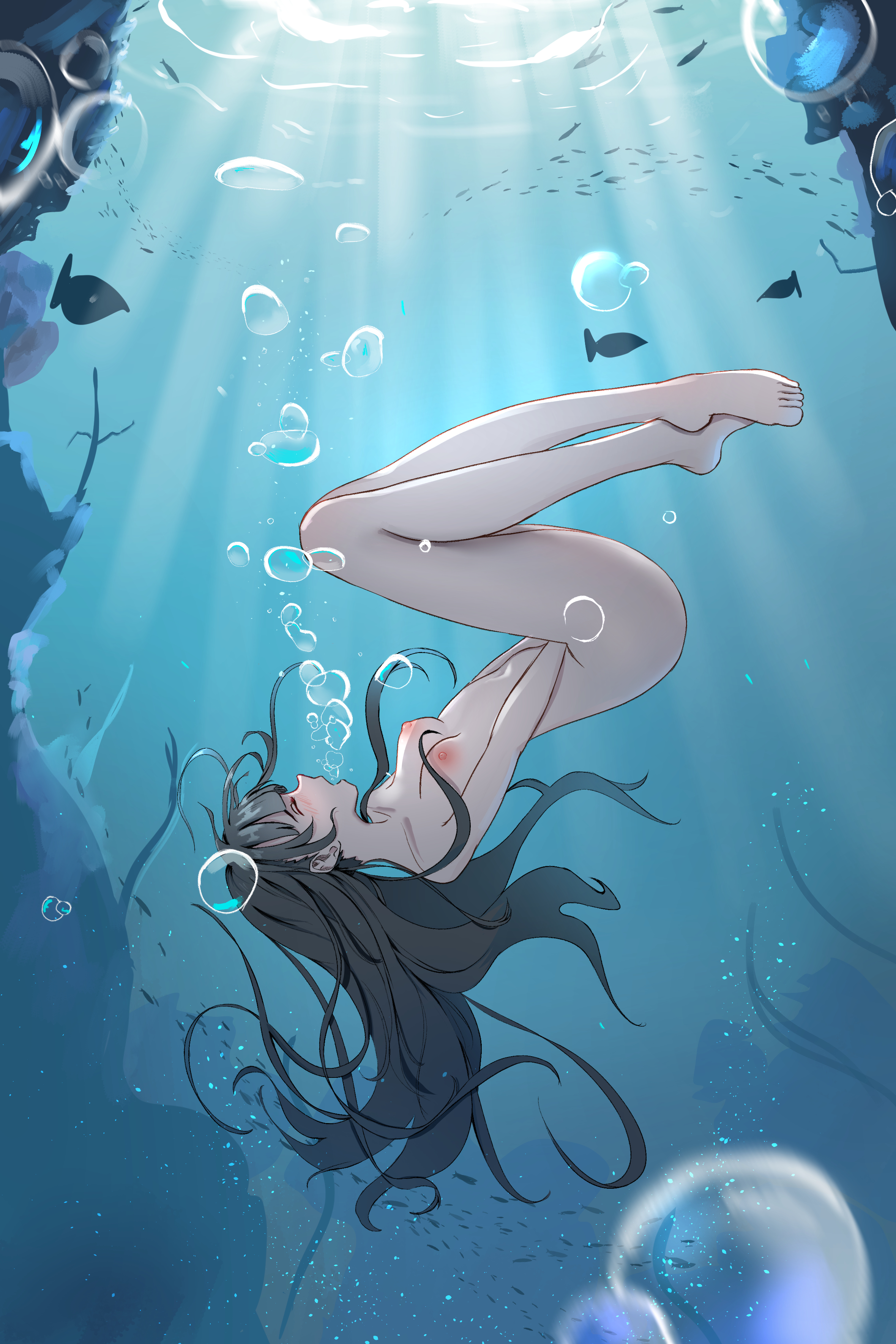 1girls, air bubbles, blush, drowning, female, female masturbation, fingering, fingering self, flowing hair, marima666 (artist), masturbation, nude, nude female, skinny dipping, underwater