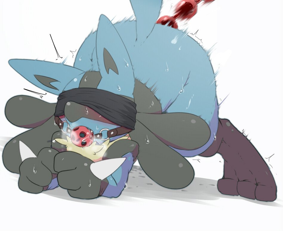 3_toes all_fours ambiguous_gender anal anal_beads anal_sex anthro ass ass_up ball_gag black_fur black_paws blindfold blue_fur blush bondage_gear breath breathable_gag canine drooling ears_up feet fur furry gag gagged heavy_breathing huff kimubota lucario mammal nintendo nude paws penetration pokemon pokemon_(species) pokemon_dppt raised_tail saliva sex_toy shaking simple_background solo sweat toes trembling video_games white_background