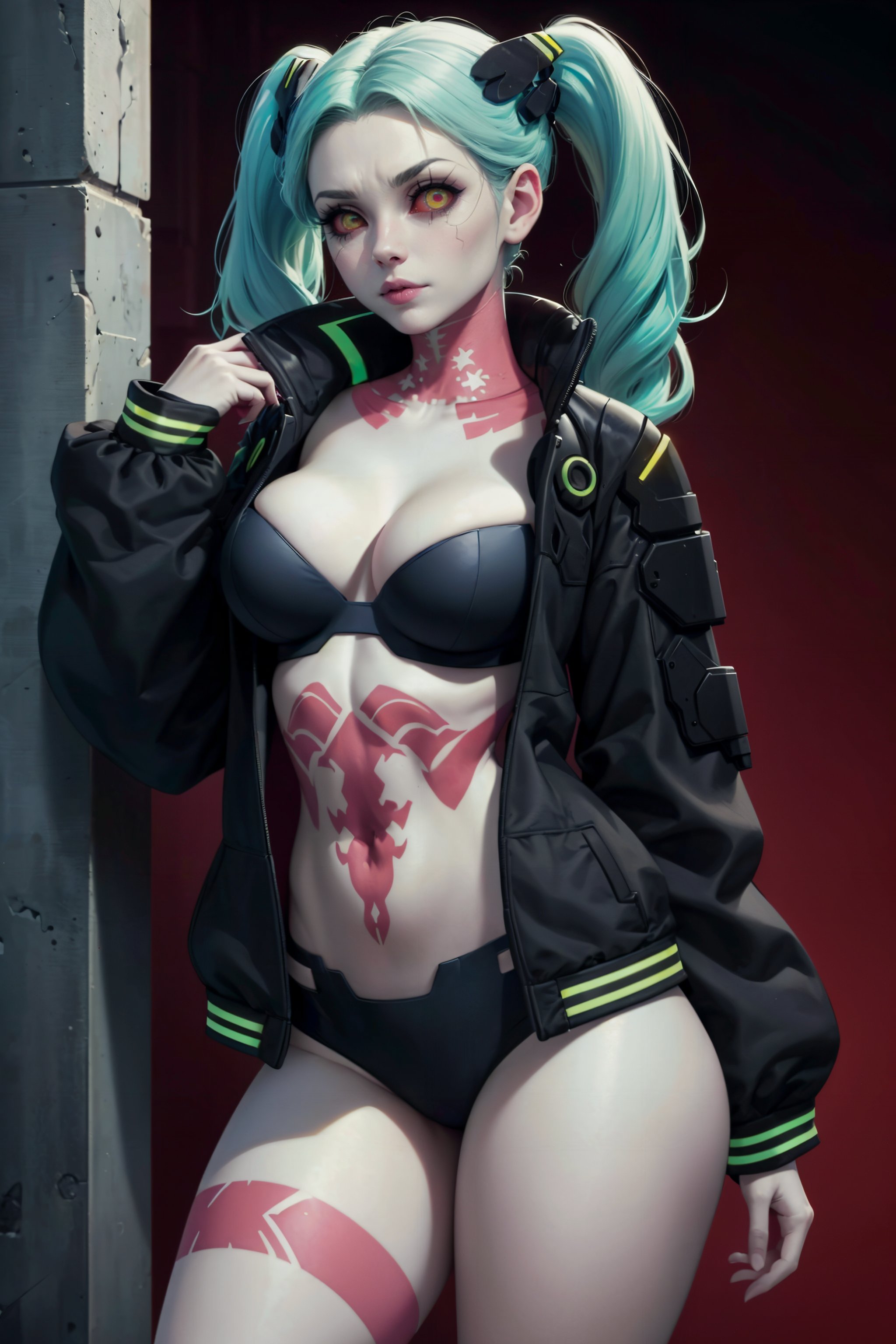 ai generated, bikini, blue hair, coat, cyberpunk: edgerunners, female, league69, rebecca (edgerunners), solo, twintails