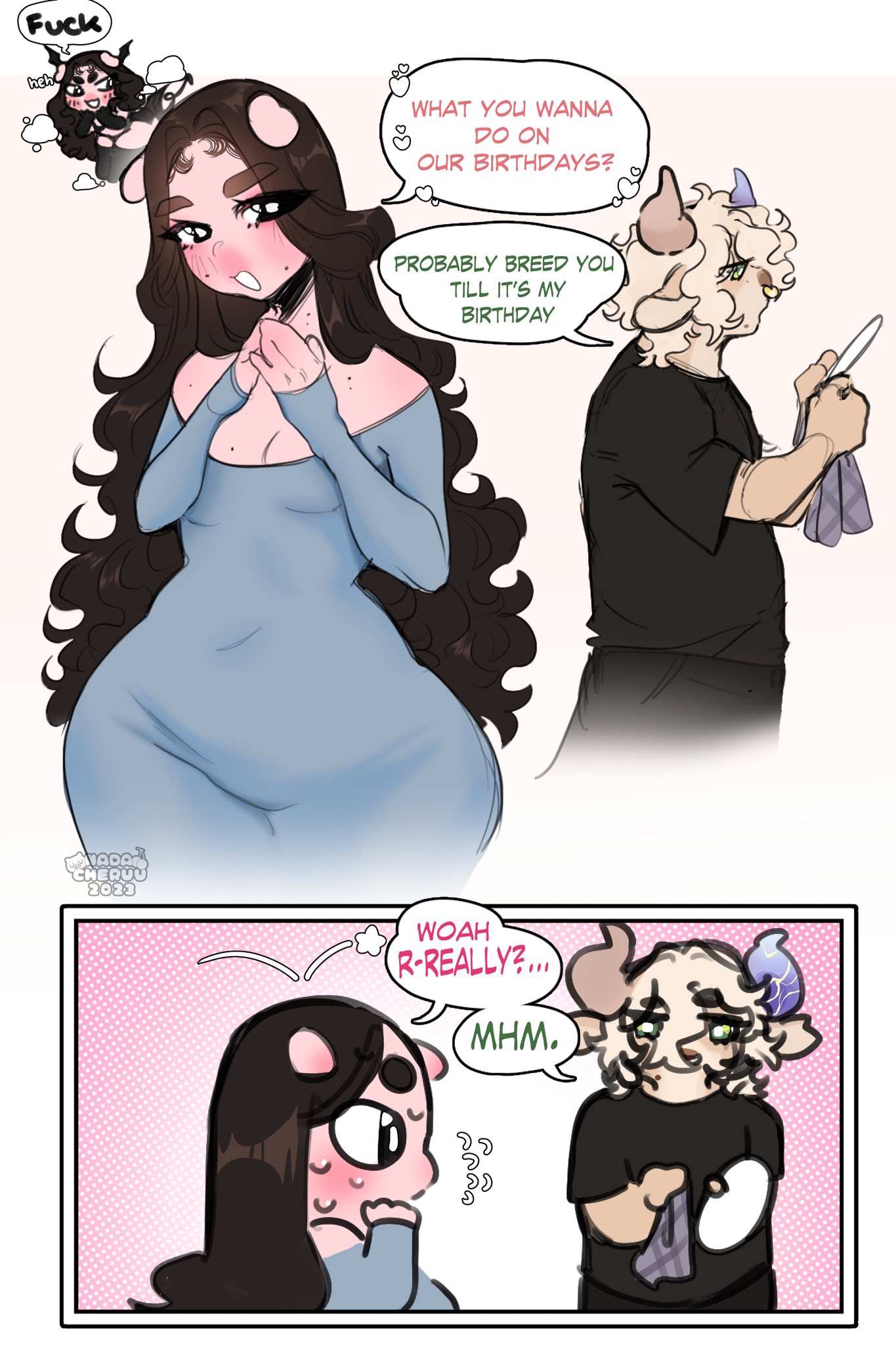 1boy, 1girls, 2023, anthro, black eyes, black hair, blonde hair, blush, bovid, bovine, brown body, cow ears, cow horns, dialogue, english text, female, hernan, hi res, horns, long hair, male, mole, nada (nadacheruu), nadacheruulewd, pink body, speech bubble, suina, sus (pig), wide hips