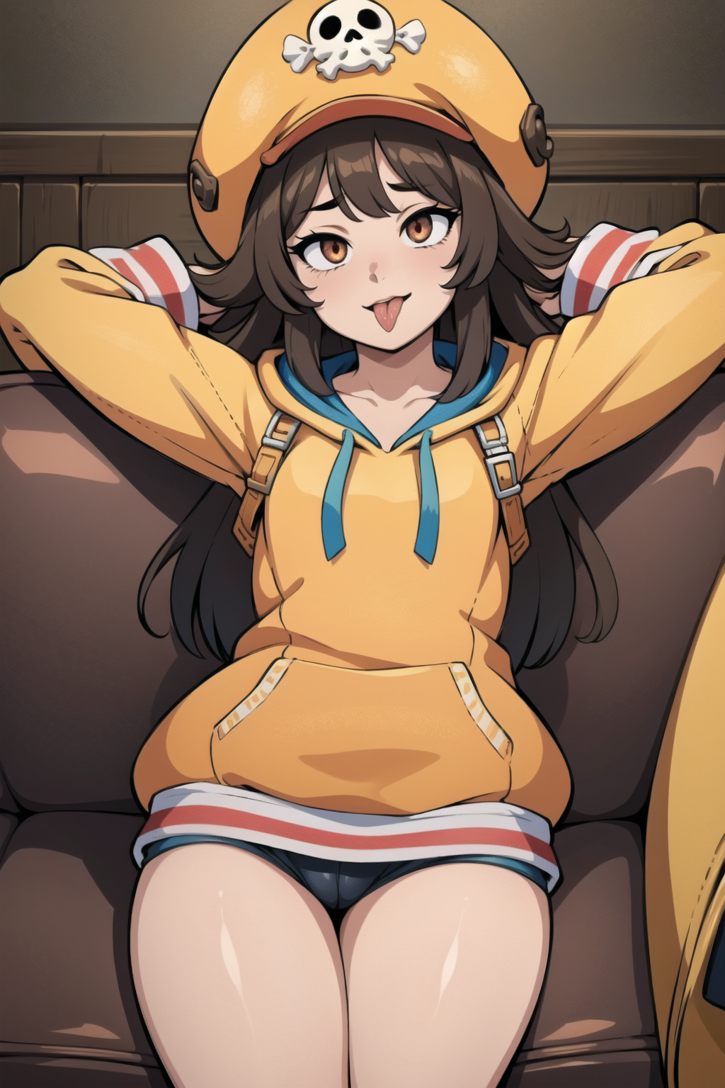 ahe gao, ahegao face, ai generated, brown hair, couch, female, female focus, female only, guilty gear, hat, long hair, madoka worship, may (guilty gear), sitting, sitting on couch, skull, solo, solo female, solo focus, thick thighs, thighs, tongue, tongue out