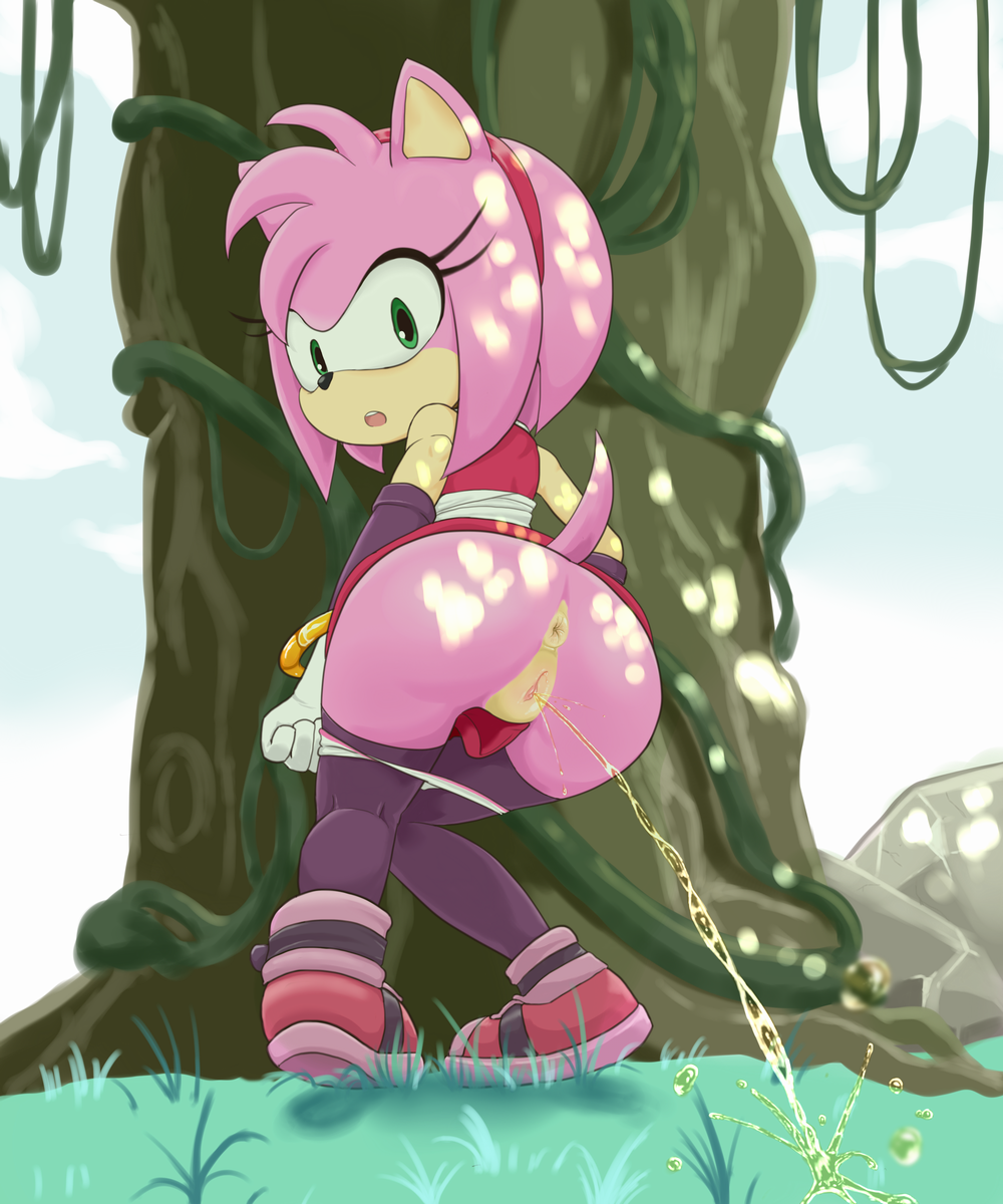 amy_rose ass bracelet clitoris clothing cloud dress female footwear gloves grass green_eyes hairband hi_res jewelry legwear looking_back looking_down open_mouth outside panties panty_pull peeing pussy rear_view rock sake_(pixiv) shade shoes sky solo sonic_(series) standing teeth thigh_highs tree uncensored underwear urine vines