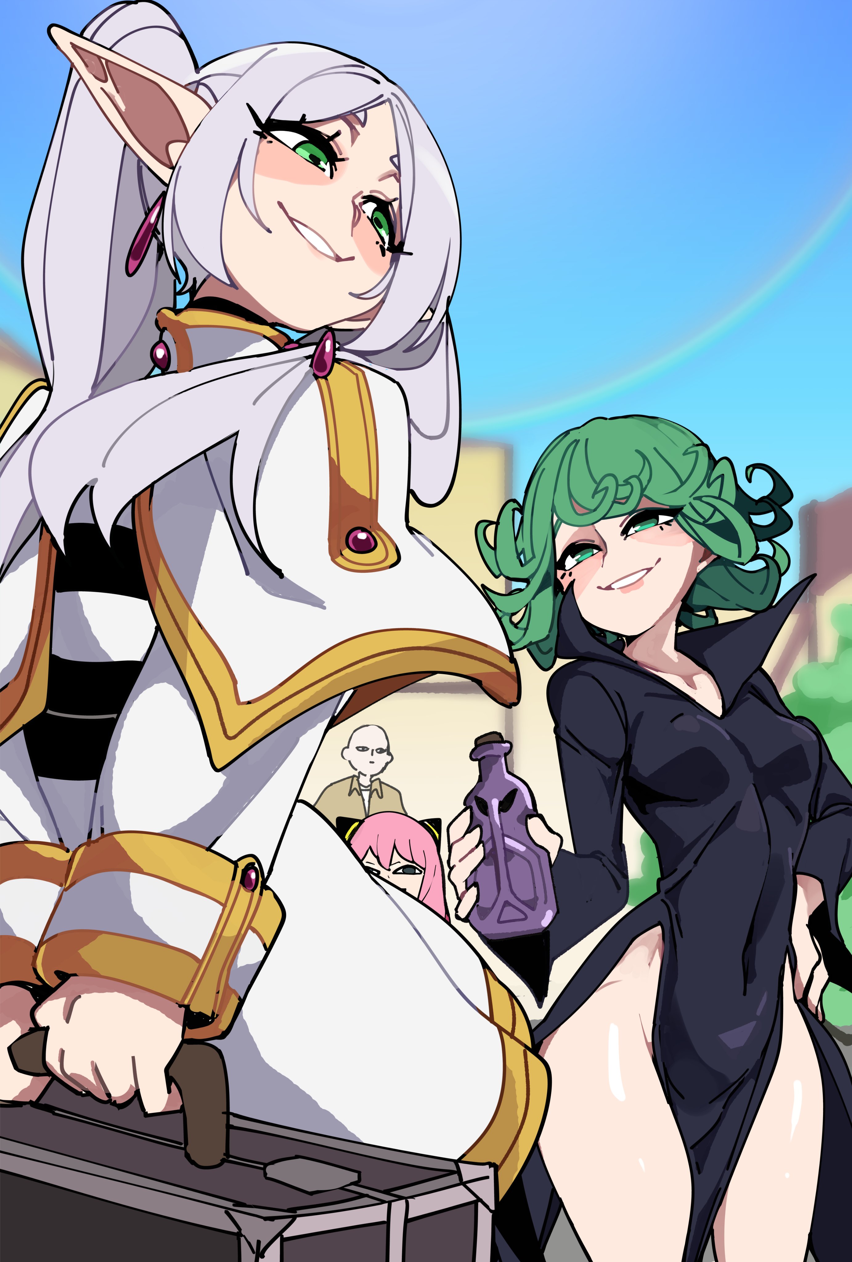 1boy, 3girls, absurd res, anya forger, bongfillstudent, crossover, elf, elf ears, elf female, female, female focus, frieren, green eyes, green hair, long hair, male, multiple girls, narrowed eyes, one-punch man, saitama, smile, smug, sousou no frieren, spy x family, tatsumaki, voice actor connection, white hair