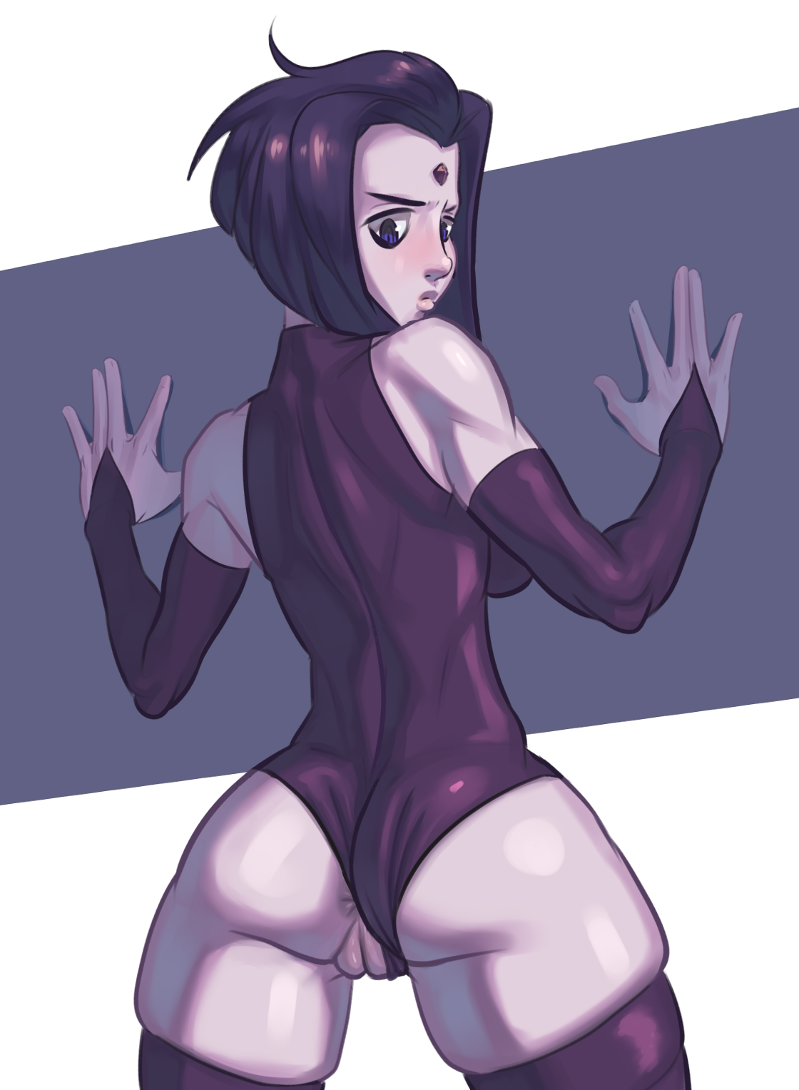 anus, ass, back, back muscles, back view, big ass, big butt, blue eyes, blue hair, blush, breasts, cartoon network, clothing, dc, dc comics, female, leotard, leotard aside, long gloves, looking back, looking down, muscles, playzholder, pussy, rachel roth, raven (dc), solo, teen titans, thick thighs, thighhighs, thighs, warner brothers