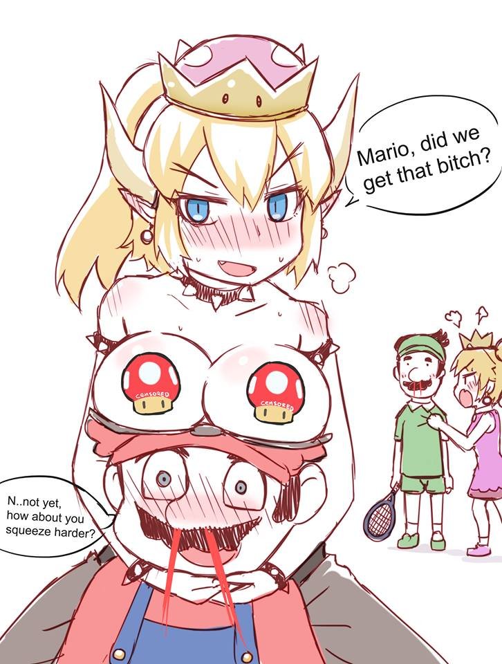 2boys 2girls bleeding blonde_hair blue_eyes blush bowsette breasts breasts_on_head breasts_out breasts_out_of_clothes censored censored_breasts choker comedy crown dialogue earrings eyes fangs female first_porn_of_character funny greenteaneko hat horn human humanized humor koopa large_breasts looking_at_viewer luigi male mario mario_(series) mario_tennis moustache mushroom mustache new_super_mario_bros._u_deluxe nintendo nipple_censor nosebleed pointy_ears ponytail princess_peach rule_63 sexually_ignorant shell sketch spikes super_crown super_mario_bros. tennis tennis_racket tennis_uniform text topless