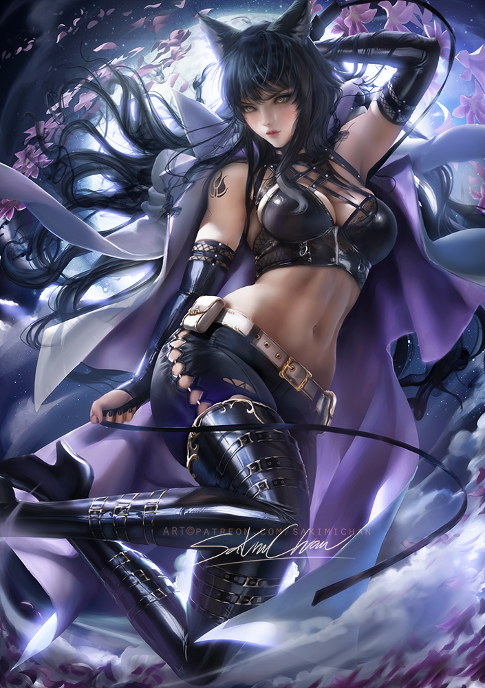 black hair, blake belladonna, boots, breasts, cat ears, cat girl, catgirl, cleavage, faunus, female, female only, high heels, long hair, pinup, rwby, sakimichan, solo, yellow eyes