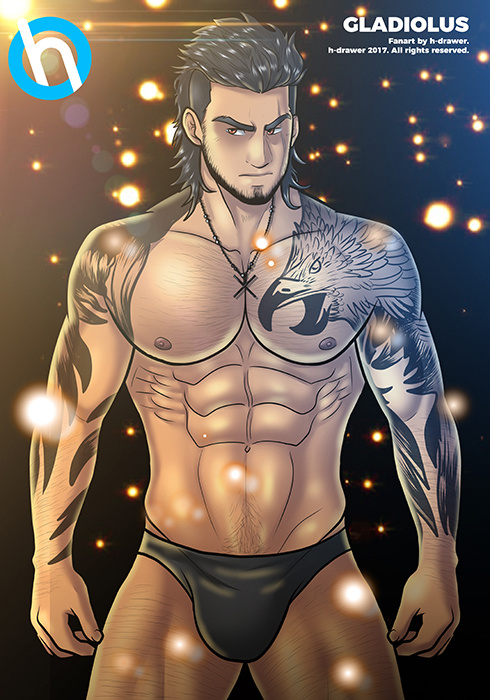 1boy 2017 bara black_hair black_underwear bulge dark-skinned_male facial_hair final_fantasy final_fantasy_xv gladiolus_amicitia h-drawer hairy hairy_chest human male male_only muscle muscles muscular muscular_male partially_clothed patreon pose posing solo speedo tattoos underwear