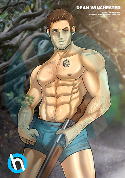 1boy 2017 bara blue_underwear boxer_briefs bulge bulge_through_clothing chest_tattoo dean_winchester erection facial_hair green_eyes h-drawer hairy hairy_chest human jensen_ackles male male_only muscle muscles muscular muscular_male occult_symbol partially_clothed patreon pentagram pose posing solo supernatural supernatural_(series) tattoo underwear