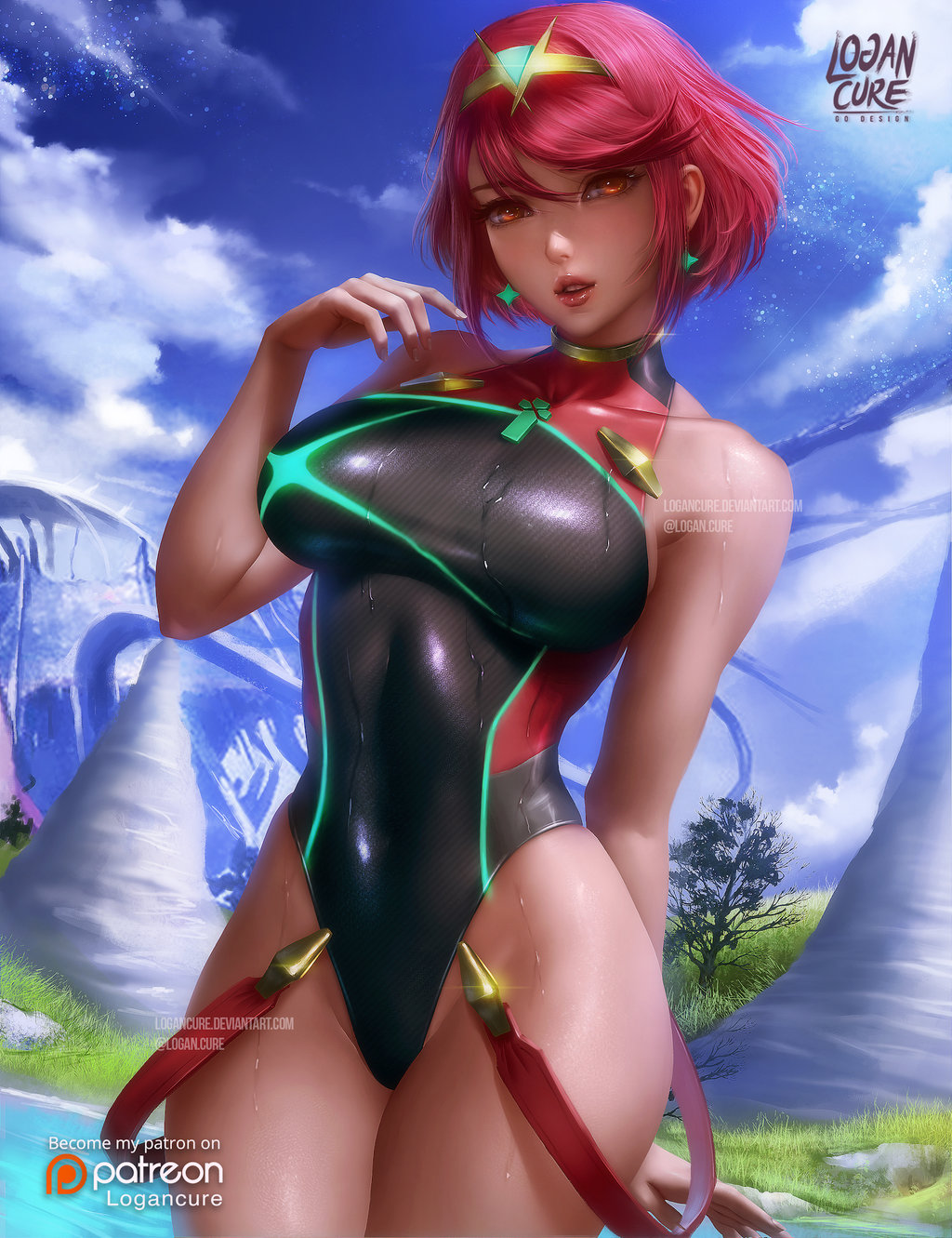 1girls, background, bangs, big breasts, breasts, cleavage, collarbone, covered navel, earrings, female, female only, halterneck, headpiece, highleg, human, impossible clothes, large breasts, logan cure, looking at viewer, navel, one-piece swimsuit, pink hair, pyra, short hair, skin tight, solo, swimsuit, wet, xenoblade (series), xenoblade chronicles 2