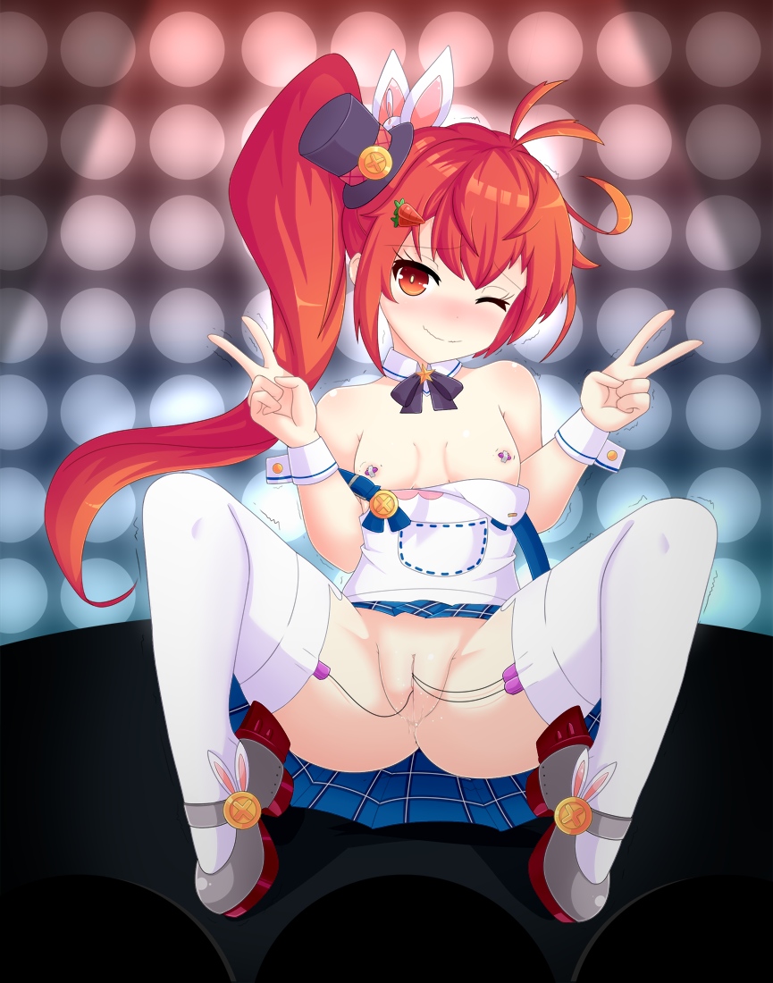 azur_lane bailey_(azur_lane) blush breasts female hat long_hair looking_at_viewer one_eye_closed orange_eyes pussy pussy_juice remodel_(azur_lane) santystuff shaking side_ponytail small_breasts smile solo spread_legs thighhighs vibrator vibrator_on_nipple white_legwear