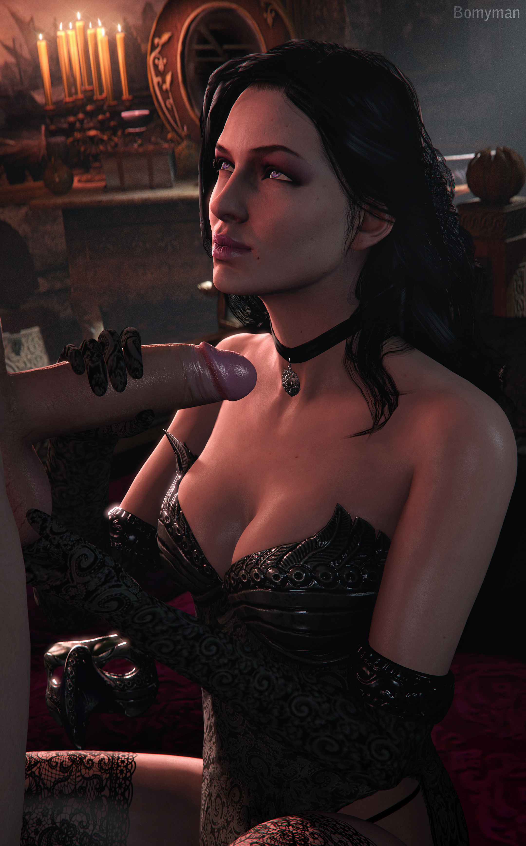 1boy, 1girls, 3d, balls, black hair, bomyman, breasts, cd projekt red, cfnm, choker, cleavage, duo, erection, eye contact, eyeshadow, faceless male, female, gloves, handjob, human, human only, kneeling, lingerie, lipstick, male, naughty face, oral, penis, source filmmaker, stockings, straight, testicles, the witcher (series), the witcher 3: wild hunt, thighhighs, violet eyes, yennefer