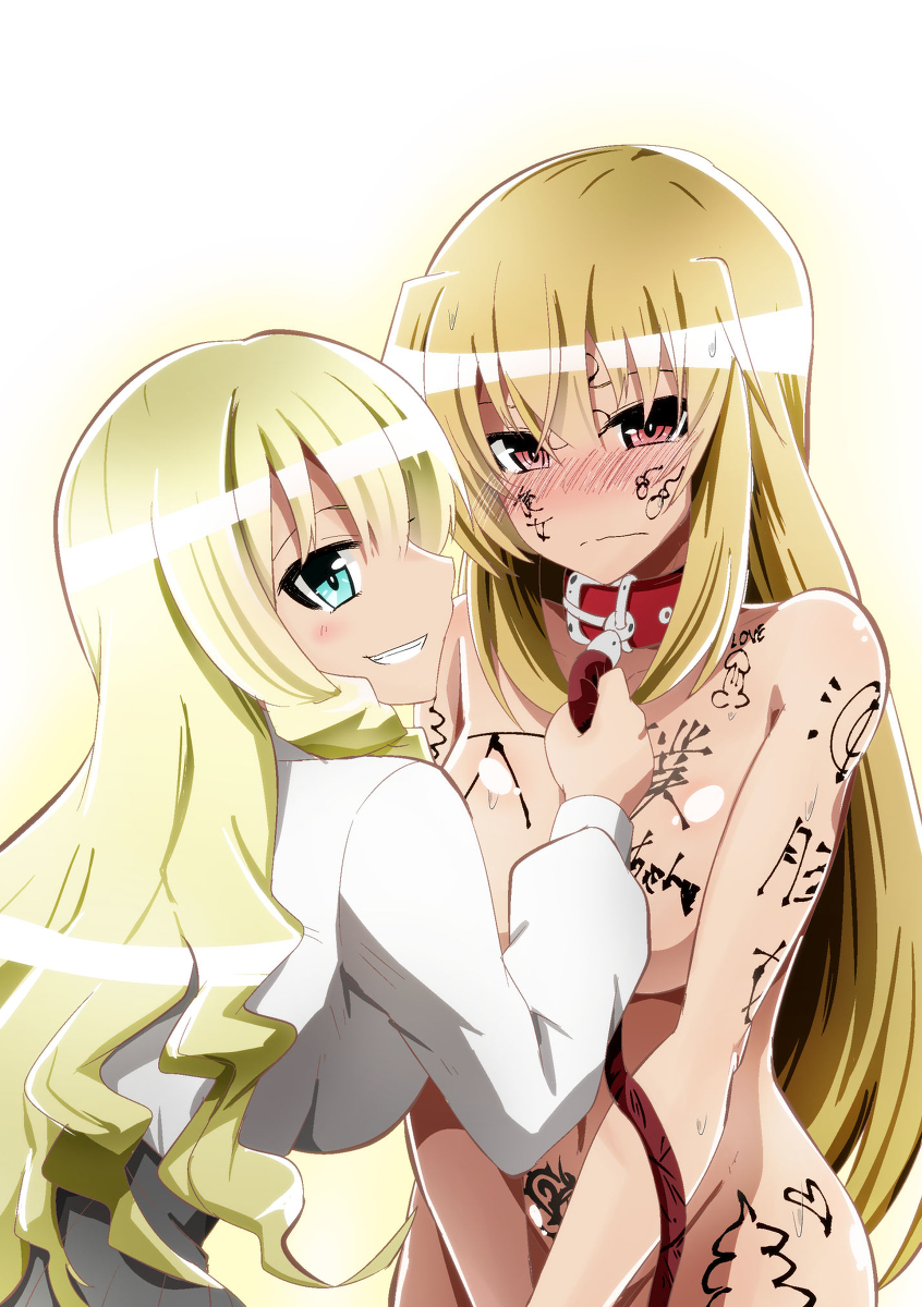 2girls, blonde hair, blush, body writing, clothed female nude female, collar, dining (artist), female, femdom, leash, lesbian focus, long hair, looking at viewer, multiple females, multiple girls, nude, smile, translation request, yuri