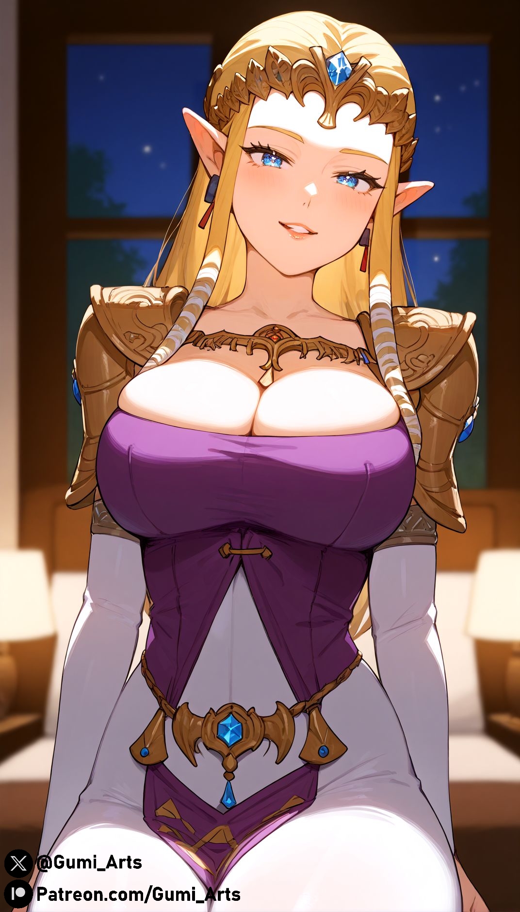 ai generated, blonde hair, blue eyes, breasts, cleavage, dress, female, gumi arts, large breasts, looking at viewer, nintendo, princess zelda, sitting, smile, stable diffusion, the legend of zelda, twilight princess, zelda (twilight princess)