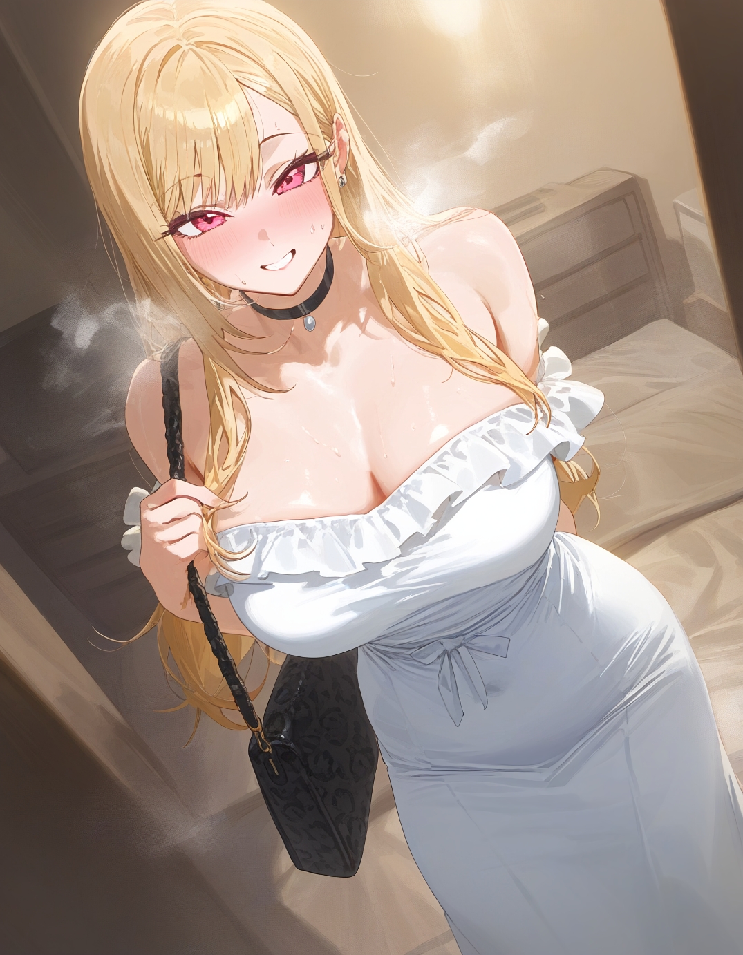 1girls, ai generated, blonde hair, blush, choker, curvy, curvy figure, dress, female, female focus, human, kitagawa marin, looking at viewer, mommy, nai diffusion, red eyes, smile, smiling, smiling at viewer, sono bisque doll wa koi wo suru, stable diffusion, tagme, white dress