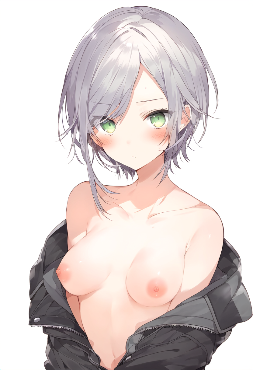 1girls ai_generated areola areolae blush breasts breasts_out clothed clothing completely_naked completely_naked_female completely_nude completely_nude_female female female_focus female_only functionally_nude functionally_nude_female gray_hair green_eyes high_resolution highres hinomori_shiho looking_at_viewer medium_breasts naked nipples open_jacket partially_clothed partially_clothed_female partially_nude partially_undressed pov project_sekai simple_background solo solo_female solo_focus tits_out uncensored undressing waist_up white_background white_hair