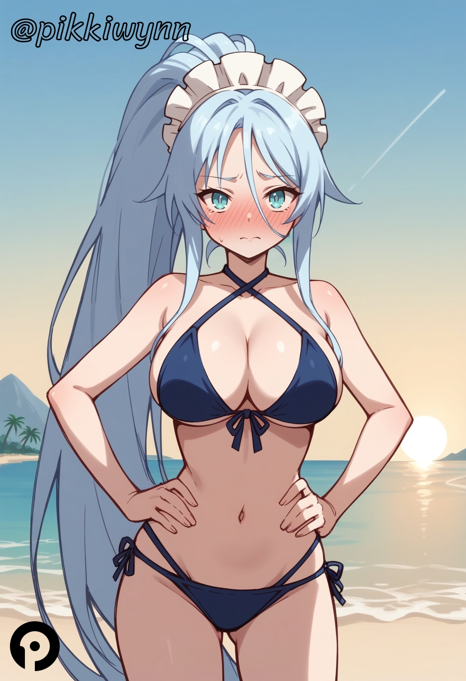 ai_generated ass_visible_through_thighs bangs bare_arms bare_shoulders beach bikini blue_bikini blue_eyes blue_hair blush breasts cleavage closed_mouth collarbone cowboy_shot criss-cross_halter embarrassed female front-tie_bikini_top front-tie_top hair_between_eyes halterneck hands_on_hips large_breasts long_hair looking_at_viewer maid_headdress multi-strapped_bikini navel nose_blush ocean outdoors pikkiwynn ponytail side-tie_bikini_bottom sidelocks sky solo stomach string_bikini sunset swimsuit sylpha_langlis tensei_shitara_dai_nana_ouji_dattanode,_kimamani_majutsu_o_kiwamemasu thighs very_long_hair