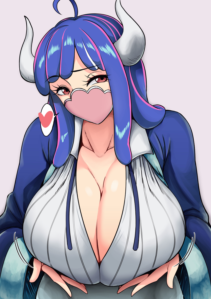 1girls, big breasts, blue hair, blue-haired female, breasts, breasts bigger than head, clothed, clothing, color, donaora889, female, female focus, female only, hand on breast, hi res, horns, large breasts, light skin, light-skinned female, long hair, looking at viewer, looking pleasured, mask, multicolored hair, one piece, pink eyes, shounen jump, solo, solo female, tagme, thick thighs, ulti (one piece)
