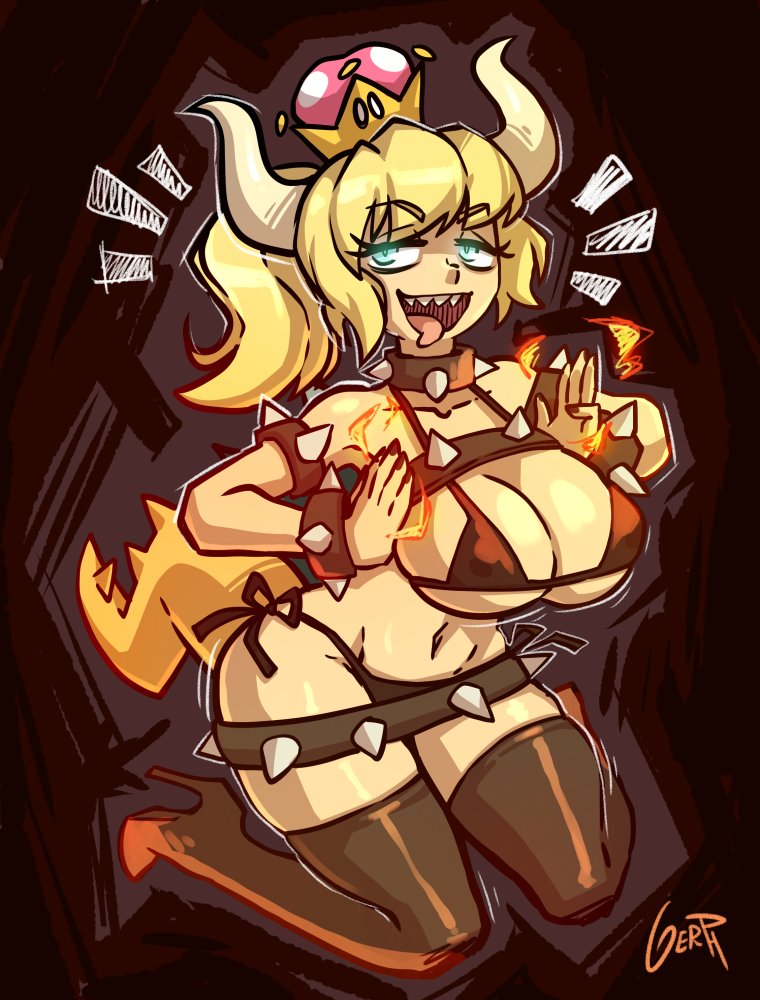 big_breasts bikini blonde_hair blue_eyes bowsette bracelet breasts cleavage clothing collar female female_only gerph glowing glowing_eyes hair horn humanoid jewelry long_hair mario_(series) new_super_mario_bros._u_deluxe nintendo nipple_bulge open_mouth open_smile rule_63 sharp_teeth signature smile solo spiked_armlet spiked_belt spiked_bracelet spiked_collar spikes super_crown swimsuit tail teeth tongue tongue_out video_games wavy_horn