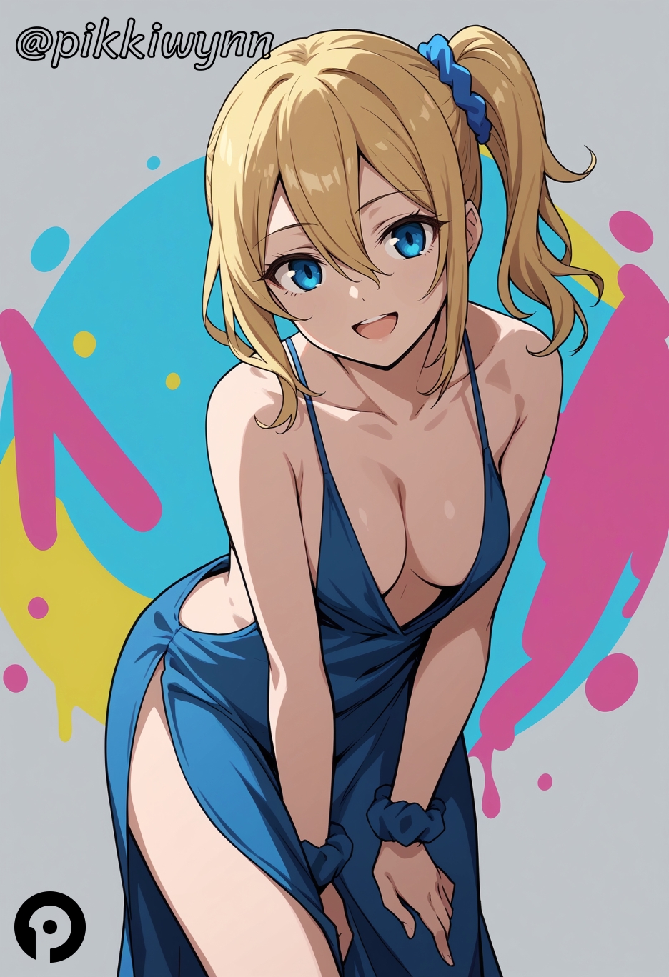 ai_generated bangs bare_shoulders blonde_hair blue_dress blue_eyes blue_scrunchie breasts cleavage collarbone dress female grey_background hair_between_eyes hair_ornament hair_scrunchie hayasaka_ai kaguya-sama_wa_kokurasetai_~tensai-tachi_no_renai_zunousen~ leaning_forward long_hair looking_at_viewer medium_breasts open_mouth pikkiwynn plunging_neckline scrunchie side_ponytail side_slit sidelocks sleeveless sleeveless_dress smile solo teeth wrist_scrunchie