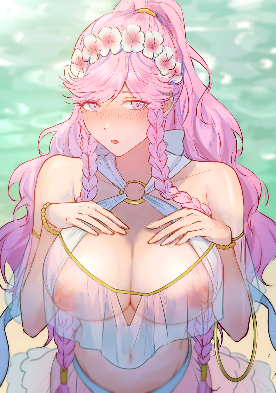 1girls accessory alternate_costume armband bare_arms bare_midriff bare_shoulders bare_thighs beach bikini braid breasts cleavage collarbone female female_only fire_emblem fire_emblem_awakening fire_emblem_heroes flower hair_flower hands_on_own_chest jtaka large_breasts long_hair looking_at_viewer midriff navel nintendo o-ring ocean official_alternate_costume olivia_(fire_emblem) olivia_(summer)_(fire_emblem) open_mouth outdoors pink_eyes pink_hair ponytail see-through shoulders solo swimsuit thighs twin_braids very_long_hair white_bikini white_swimsuit