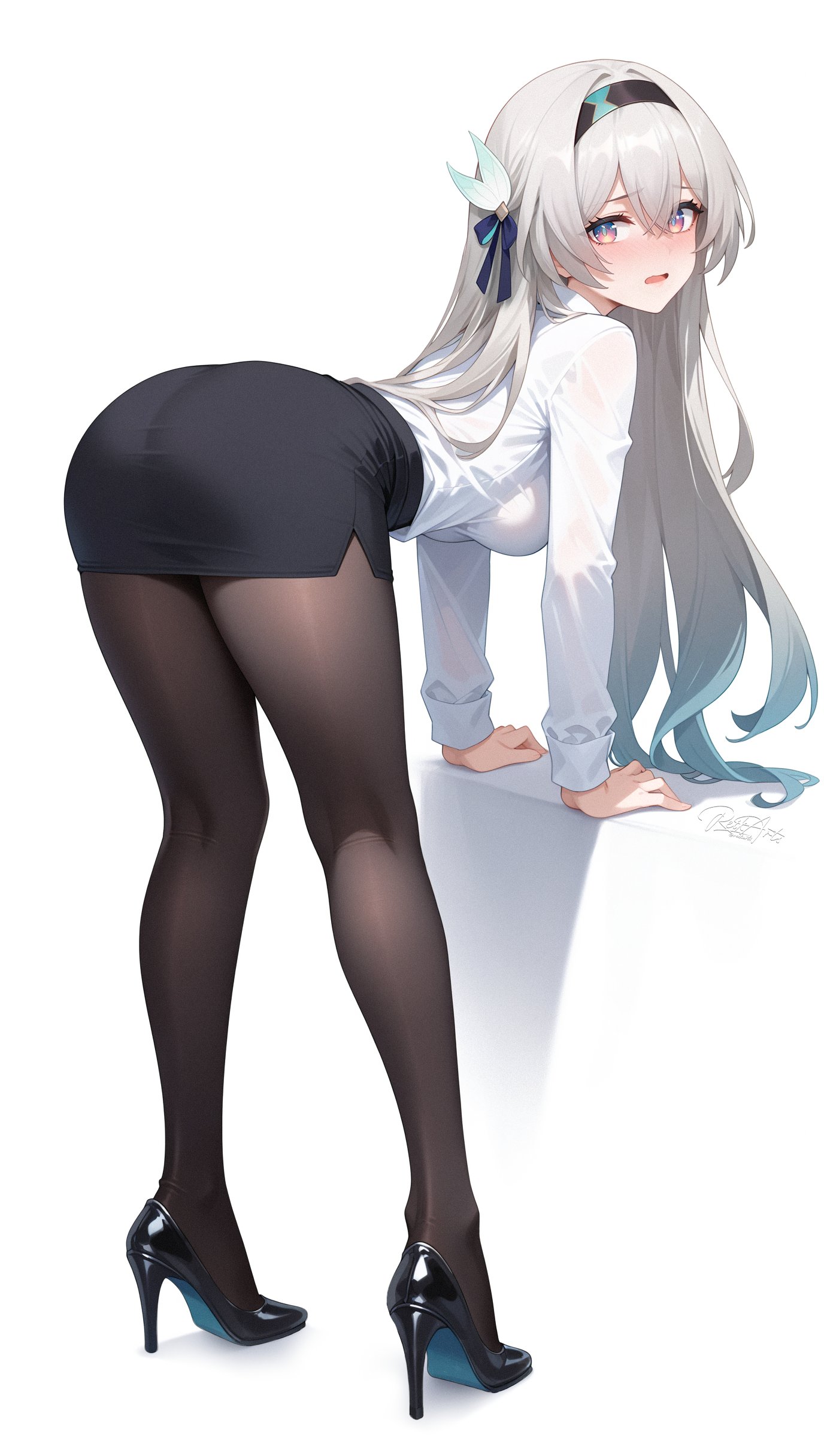 1girls, alternate costume, ass, bent over, blush, breasts, female, female focus, female only, firefly (honkai: star rail), fully clothed, high heels, highres, honkai: star rail, legs, long sleeves, looking at viewer, office lady, pantyhose, purple eyes, round ass, round butt, silver hair, solo, solo female, solo focus, white background