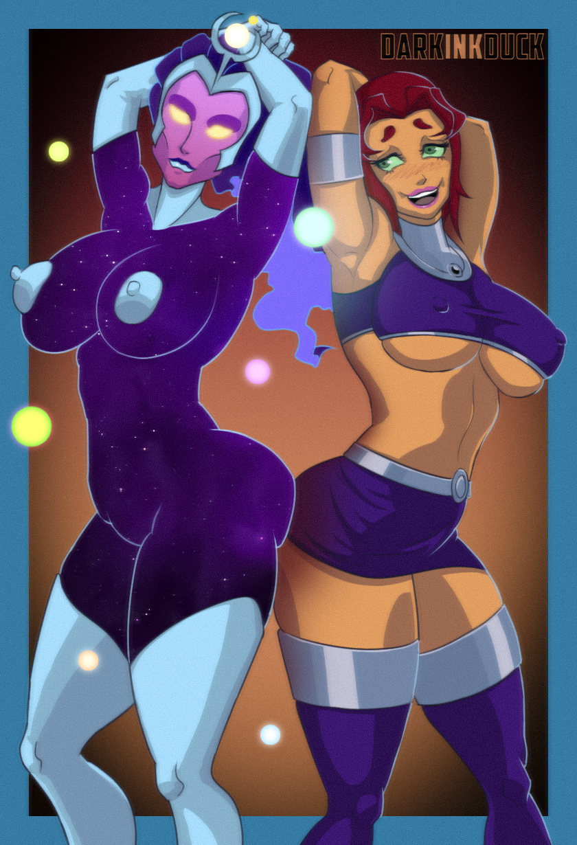 2girls big_breasts crossover curvy darkinkduck dc_comics erect_nipples frame milf miniskirt multiple_girls red_hair rick_and_morty smile standing starfire superheroine supernova_(rick_and_morty) teen_titans violet_hair