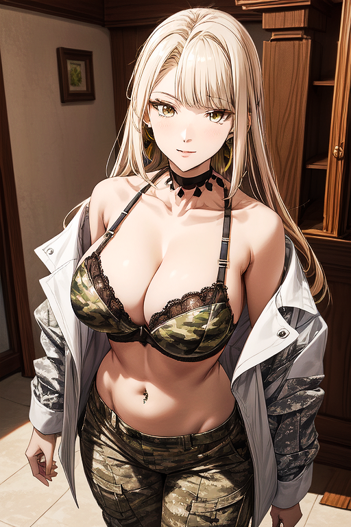 1female ai_generated belly belly_button blonde_hair bra camouflage_bra camouflage_pants camouflage_shirt lorraine_vivie mature_female medium_breasts military_uniform navel navel_piercing nozomanu_fushi_no_boukensha platinum6969