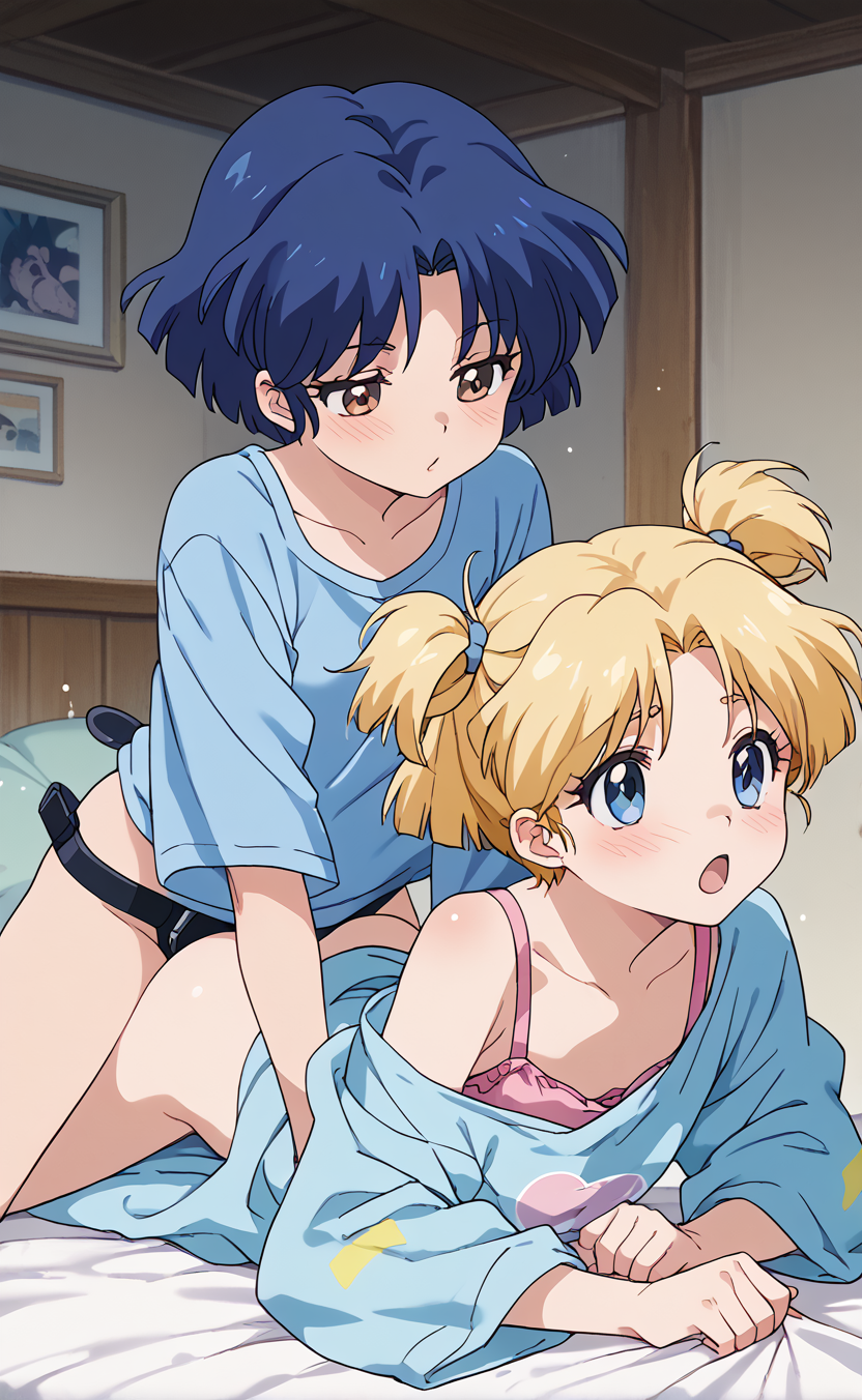 1girls 2girls ai_generated akane_tendo angry blue_hair blush brown_eyes clothing cute pijama ranma_1/2 rengoart sexy.ai sexy_pose strapon uncensored yuri