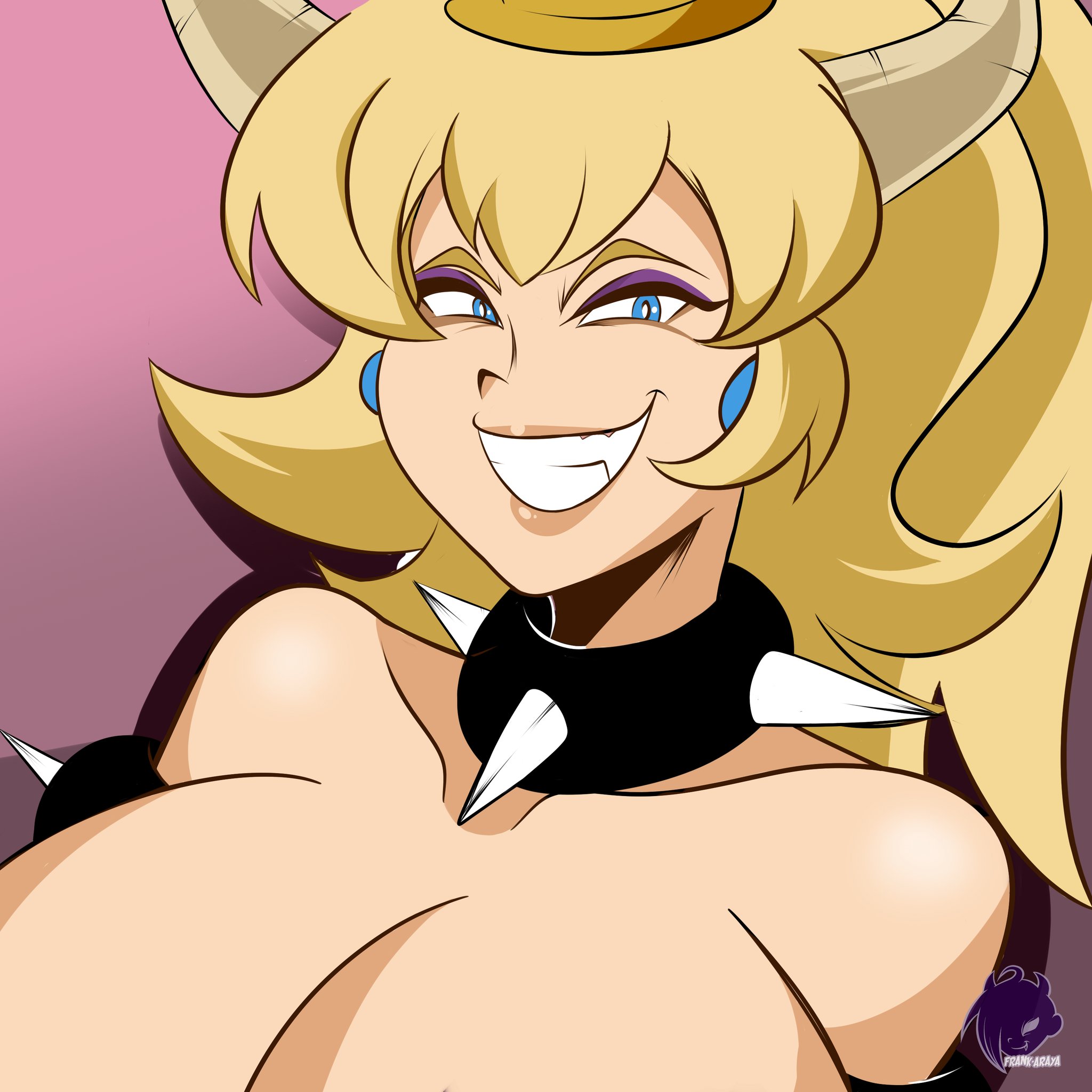 1girls, bare shoulders, big breasts, blonde hair, blue earrings, blue eyes, bowsette, breasts, busty, choker, female, female only, frankaraya, genderswap, genderswap (mtf), grin, horn, horns, huge breasts, koopa, large breasts, looking at viewer, mario (series), new super mario bros. u deluxe, nintendo, purple eyeshadow, rule 63, smile, solo, spiked collar, teeth