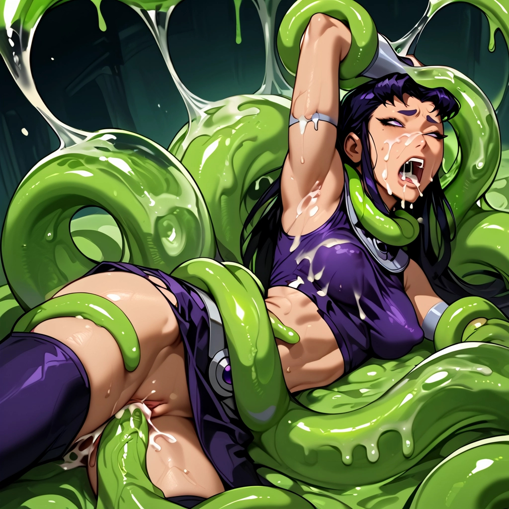 1girl ai_generated arm_up armpits black_hair blackfire breasts covered_nipples crop_top cum cum_in_mouth cum_in_pussy cum_on_body cum_on_tongue dc dc_comics facial glgrdsklechhh long_hair medium_breasts midriff miniskirt mole navel no_panties open_mouth purple_eyes purple_hair purple_skirt pussy restrained shiny skirt skirt_lift solo teen_titans tentacle_sex tentacles thighhighs tongue torn_clothes uncensored vaginal