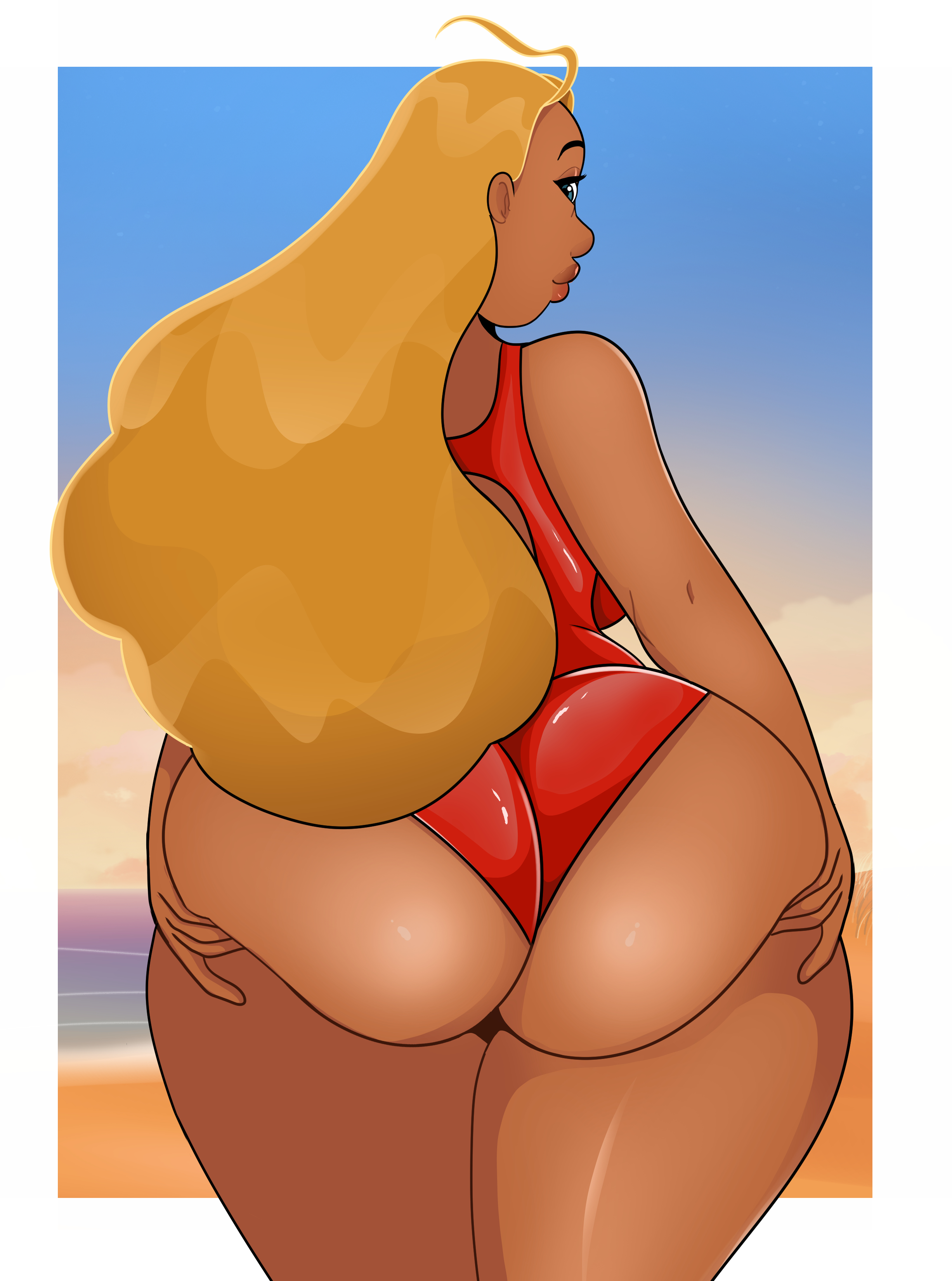 1girls, ass, ass grab, back view, backboob, beach, big ass, big butt, blonde hair, breasts, bubble ass, bubble butt, dark skin, dark-skinned female, disney, fat ass, female, female only, huge ass, huge butt, large ass, large butt, lifeguard, lifeguard (lilo and stitch), lilo and stitch, looking back, solo female, sonson-sensei, swimsuit, tan skin, thick ass, thick thighs, wide hips