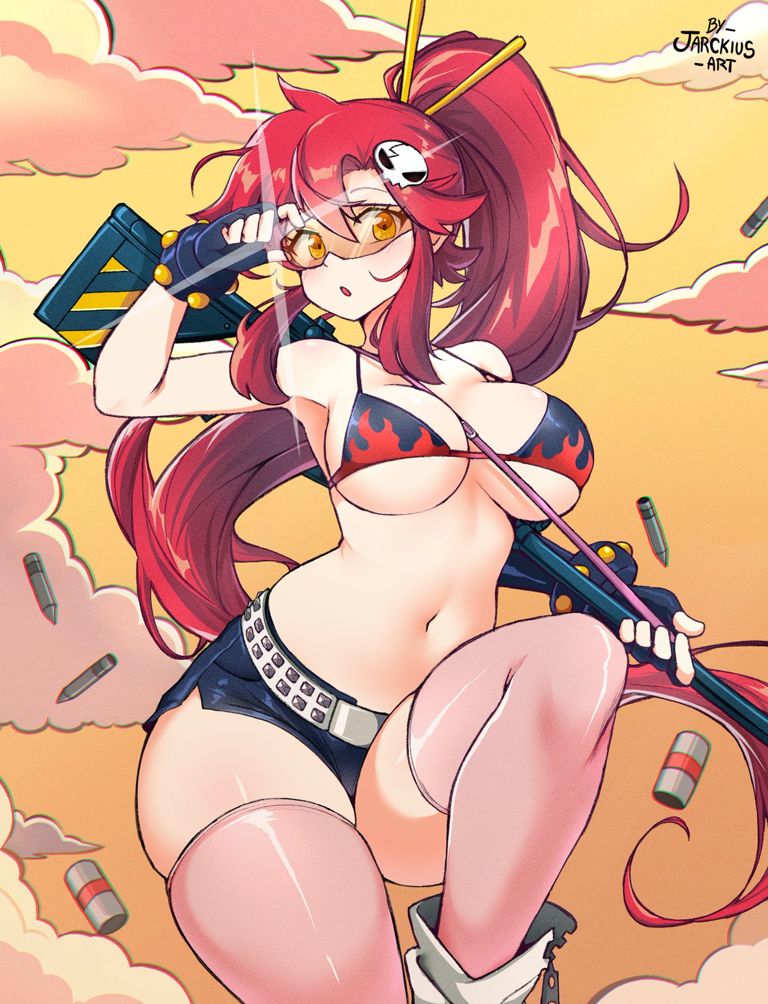 bikini, bikini top, female, fingerless gloves, gloves, jarckius, navel, ponytail, red hair, short shorts, shorts, skindentation, tagme, tengen toppa gurren lagann, thighhighs, yellow eyes, yoko littner
