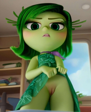 1girls, ai generated, blush, bottomless, clothed, clothed female, clothing, disgust (inside out), dress, dress lift, female, female only, green body, green clothing, green eyes, green hair, green skin, indoors, inside out, inside out 2, long eyelashes, looking at viewer, looking down, pixar, plant, pussy, pussy peek, shelf, short hair, sky, solo, window