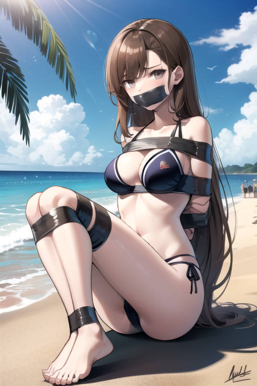 ai_generated arms_behind_back arms_tied_behind_back barefoot beach bikini black_tape bondage bound bound_ankles bound_arms bound_legs breasts brown_eyes brown_hair cleavage clouds duct_tape duct_tape_gag feet female femsub gag gagged kanojo_okarishimasu long_hair looking_at_viewer mizuhara_chizuru ocean outdoors restrained sand sitting sky solo sunshine tape tape_bondage tape_gag taped_ankles taped_arms taped_legs taped_mouth tied_up toes very_long_hair