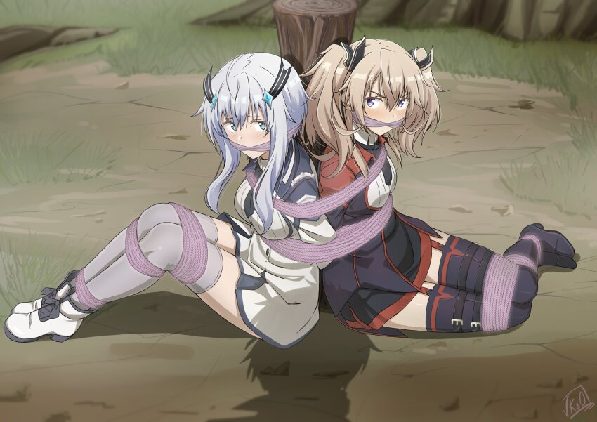 anos_voldigoad blonde_hair blush bondage bondage boots cleave_gag looking_at_viewer maou_gakuin_no_futekigousha misha_necron rope rope_bondage sad sasha_necron tied_to_tree tied_up white_hair