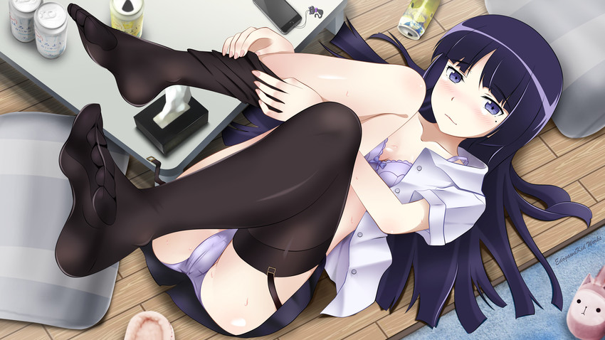 ass_visible_from_the_front black_thighhighs blush body_blush bra breasts cleavage collarbone edogawakid feet garter_belt garter_straps gokou_ruri long_hair lying mole mole_under_eye mouth_closed no_shoes ore_no_imouto_ga_konna_ni_kawaii_wake_ga_nai panties purple_bra purple_eyes purple_hair purple_panties removing_legwear shiny_skin shirt_open skirt thighhighs thighs toes underwear undressing zettai_ryouiki