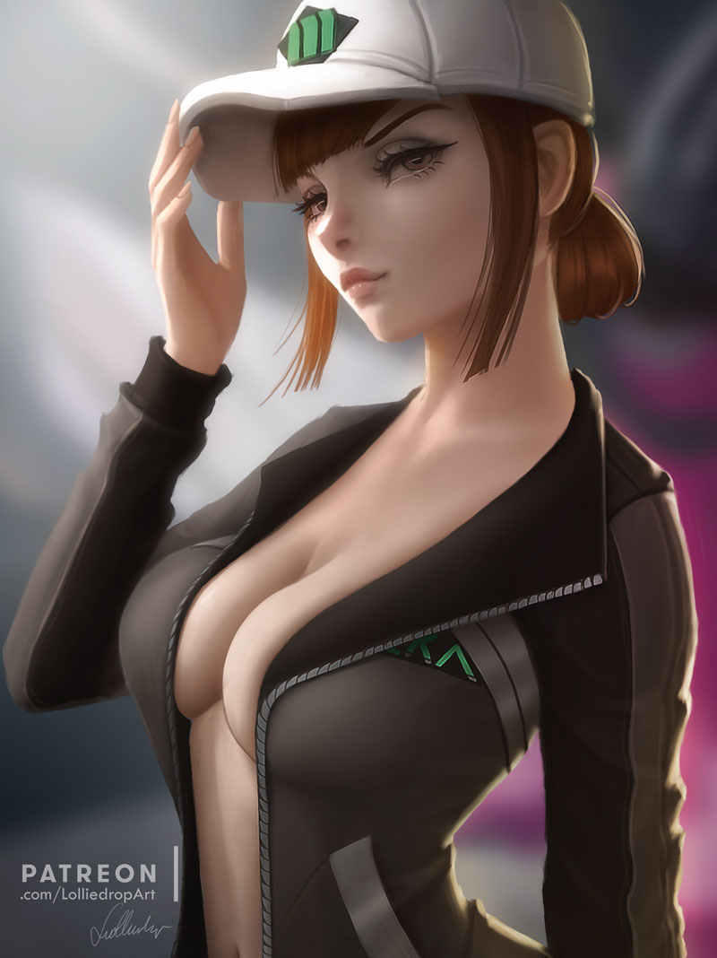 1girls, alternate costume, asian, blizzard entertainment, breasts, brown eyes, brown hair, cleavage, cute, d.va, eyelashes, eyeliner, female, female only, fringe, hat, light skin, lolliedrop, long hair, looking at viewer, naughty face, open shirt, overwatch, pale skin, seductive look, shooting star d.va, skinny, slim, solo, tied hair, video games, white hat