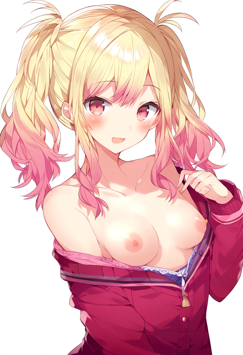 1girls ai_generated areola areolae big_breasts blonde_hair blush blush breasts breasts breasts breasts_out clothed clothing exposed_breasts exposed_shoulders female female_focus female_only functionally_nude functionally_nude_female gradient_hair high_resolution highres looking_at_viewer naked nipples open_jacket partially_clothed partially_clothed_female partially_nude partially_undressed pink_hair pov project_sekai simple_background solo solo_female solo_focus tenma_saki tits_out uncensored white_background