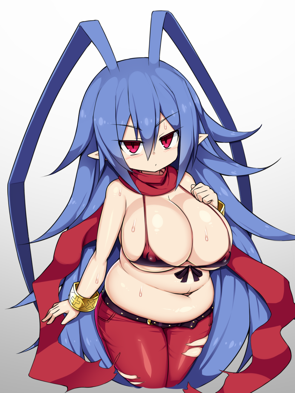 bikini bikini_top breasts canon_genderswap chubby chubby_female disgaea disgaea_d2 genderswap_(mtf) laharl laharl-chan large_breasts nippon_ichi_software sawati skimpy_bikini thick_thighs thighs torn_clothes torn_jeans