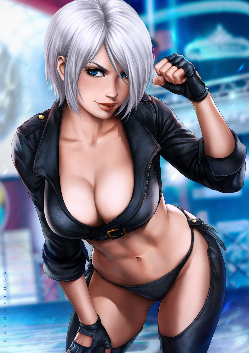 1girls, abs, angel (kof), blue eyes, breasts, cleavage, clothed, clothing, crop top, dandon fuga, female, female only, fingerless gloves, gloves, jacket, king of fighters, large breasts, looking at viewer, midriff, panties, pants, smile, snk, solo, text, watermark, white hair