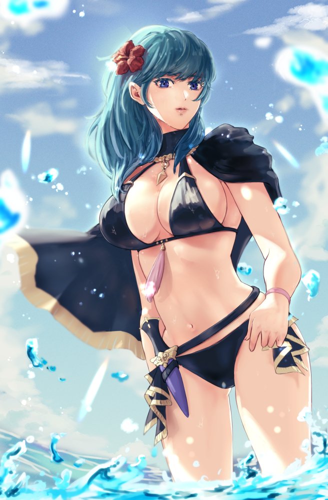 alternate_costume bikini black_bikini black_swimsuit blue_eyes breasts byleth_(female)_(fire_emblem) byleth_(female)_(summer)_(fire_emblem) byleth_(fire_emblem) byleth_(summer)_(fire_emblem)_(female) daph_neko female fire_emblem fire_emblem:_three_houses fire_emblem_heroes nintendo official_alternate_costume swimsuit