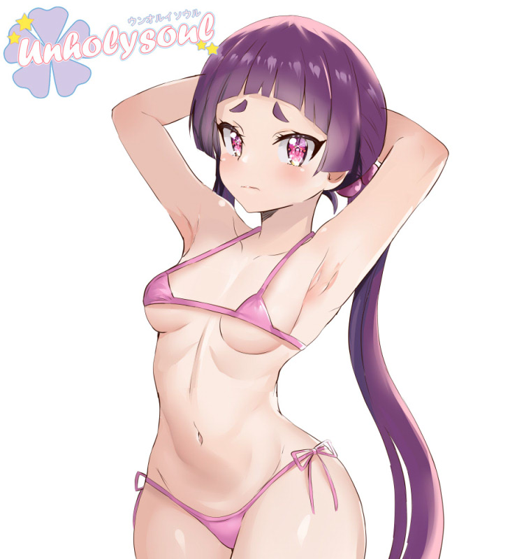 1girls alternate_version_available ao_no_exorcist bikini bikini_bottom bikini_top curvy curvy_female curvy_figure front_view hands_behind_head kamiki_izumo long_hair looking_at_viewer petite pink_bikini pink_bikini_bottom pink_bikini_top purple_eyes purple_hair short_eyebrows small_breasts teenager twintails unholysoul watermark white_background