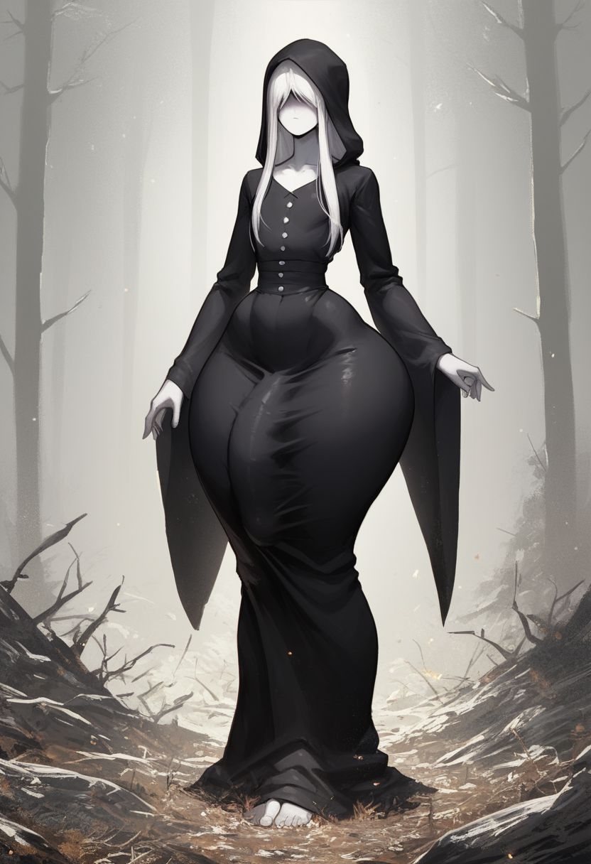 1boy, ai generated, big penis, black dress, dress, eyes covered, femboy, femboyarashi, ghost, girly, hair covering eyes, huge cock, looking at viewer, male, male only, penis, penis under clothes, sissy, wide hips