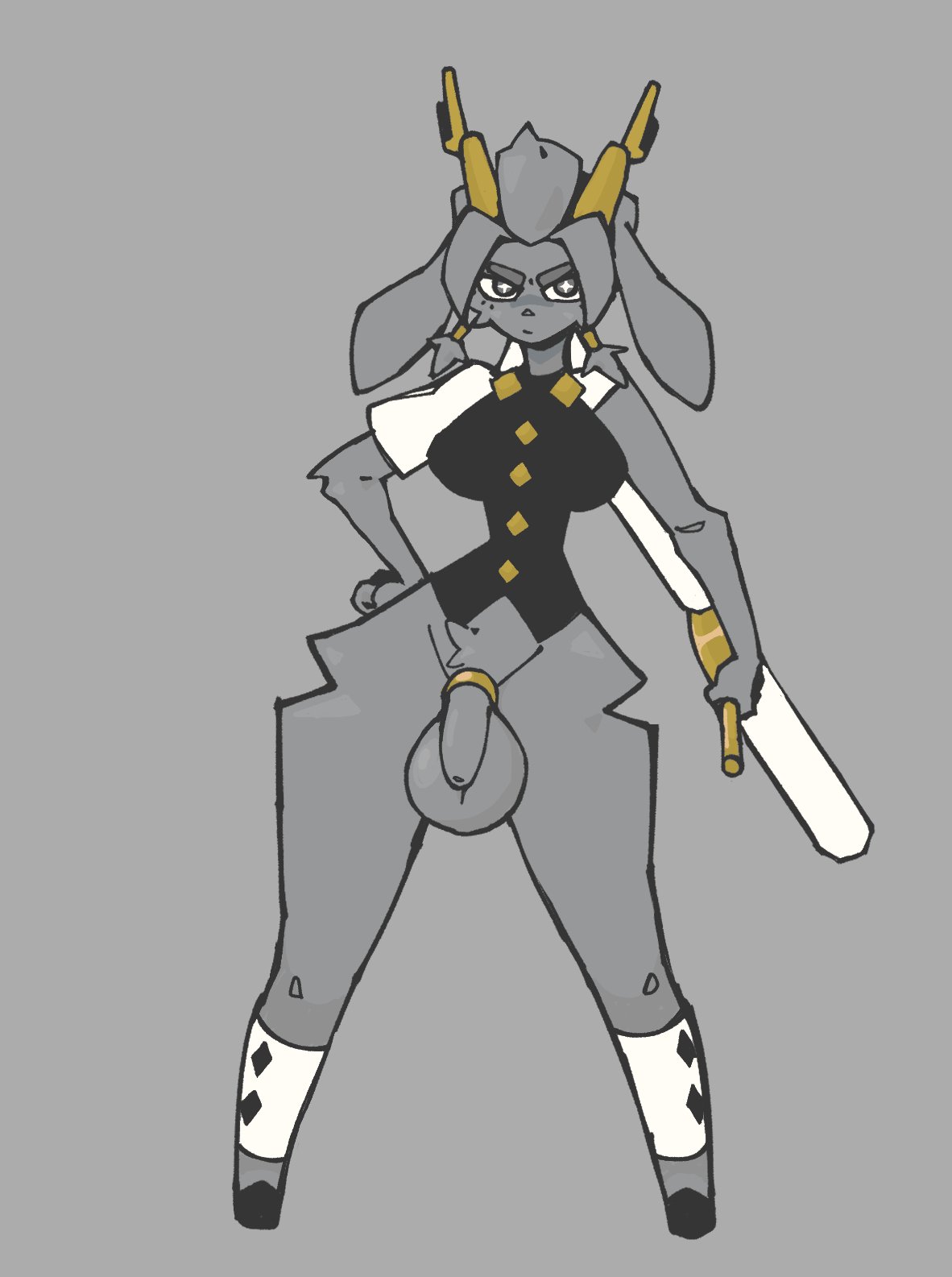 1futa, anthro, antlers, balls, ballsack, big balls, big penis, bottomless, breasts, cock, cock ring, colored, covered breasts, curvy, echossmetches, flaccid, flaccid penis, floppy ears, foreskin, futa only, futanari, grey body, grey eyes, grey fur, hand on hip, holding weapon, hooves, hourglass figure, intersex, large balls, large breasts, looking at viewer, partially clothed, partially nude, penis, plain background, pseudoregalia, skinny waist, solo, solo futa, sybil (pseudoregalia), twintails, uncensored, uncircumcised, wide hips