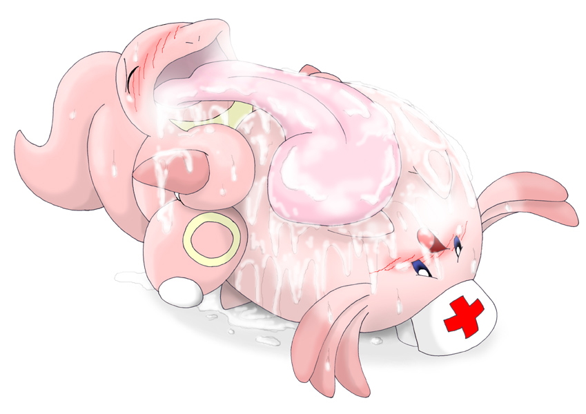 1boy 1girls 2012 blue_eyes blush chansey closed_eyes duo female interspecies licking lickitung long_tongue male nintendo no_humans oral pasaran pink_skin pokémon_(species) pokemon pokemon_rgby saliva simple_background video_games wet white_background